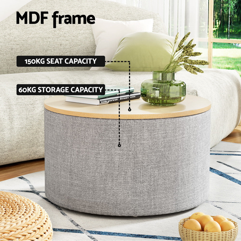 Ottomans & Footstools: Artiss Storage Ottoman Blanket Box 60cm Linen Round Grey