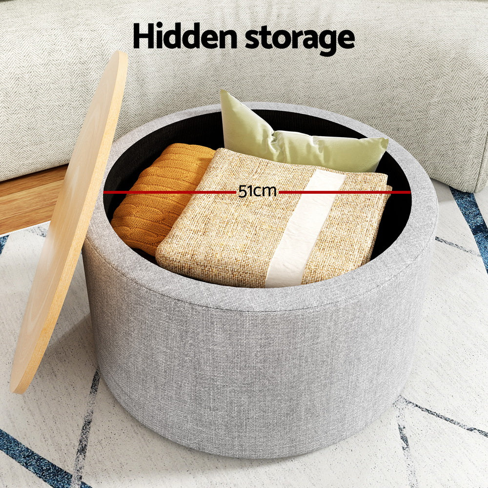 Ottomans & Footstools: Artiss Storage Ottoman Blanket Box 60cm Linen Round Grey