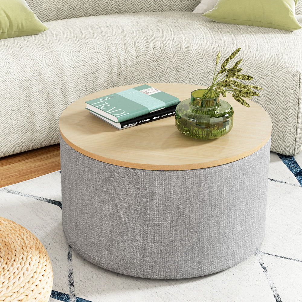 Ottomans & Footstools: Artiss Storage Ottoman Blanket Box 60cm Linen Round Grey