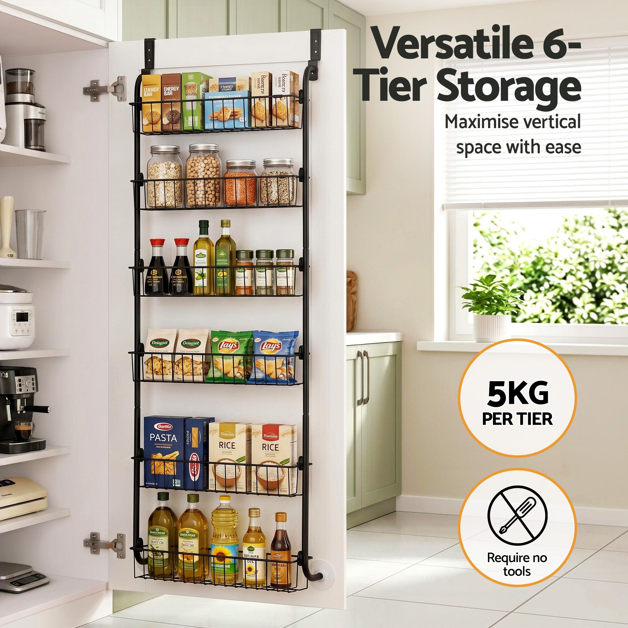 Artiss 2x Over Door Storage Pantry Organiser 6-Tier Metal Hanger Hook Black