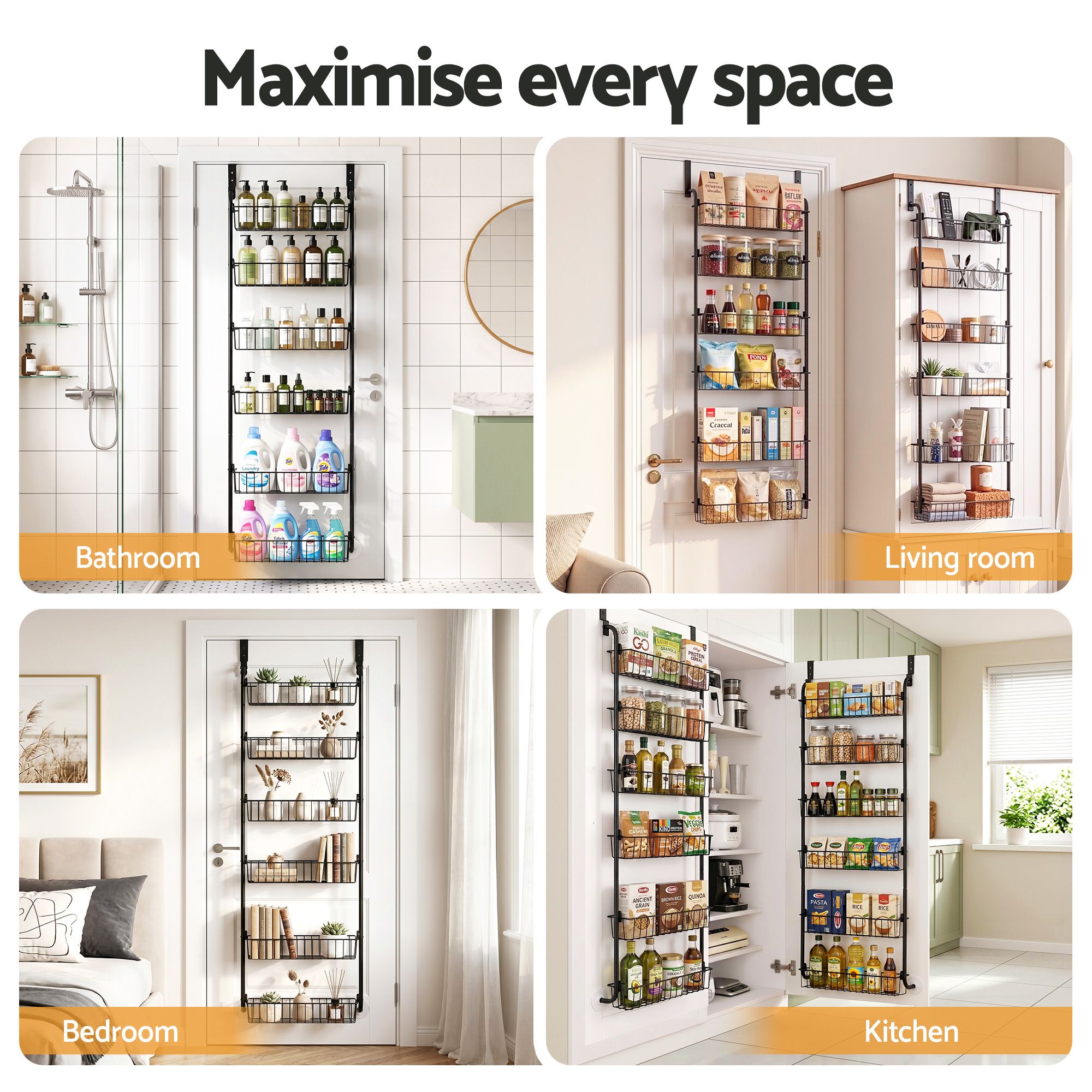 Artiss 2x Over Door Storage Pantry Organiser 6-Tier Metal Hanger Hook Black