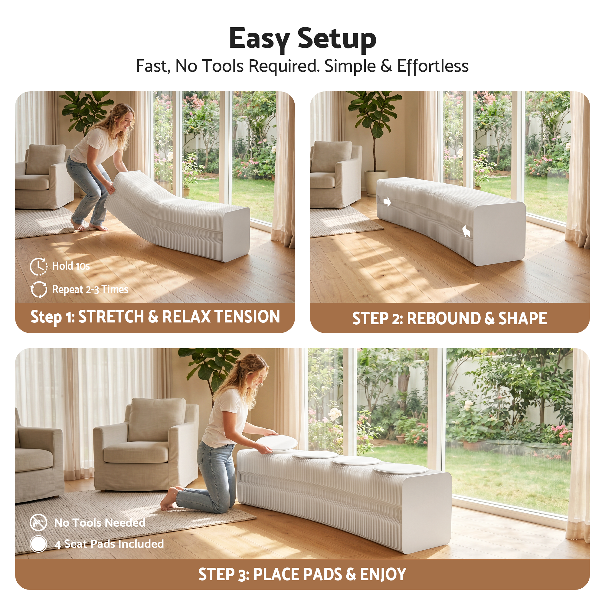Artiss Folding Paper Bench With 4 PU Leather Seat Pads Expandable Accordion Stool For 4 Seats