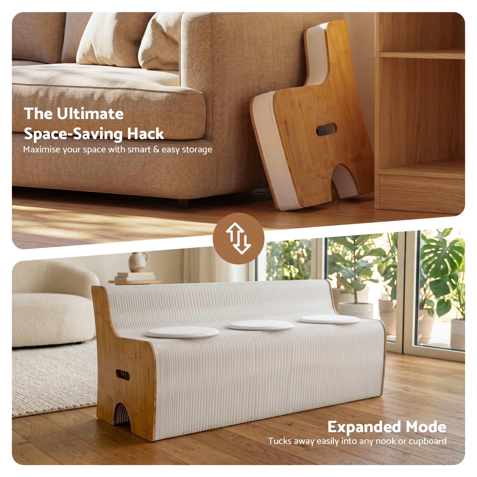 Artiss Folding Kraft Paper Sofa 3 Seater Accordion Bench with PU Leather Cushion Collapsible Couch 300kg Capacity 150x59x63cm