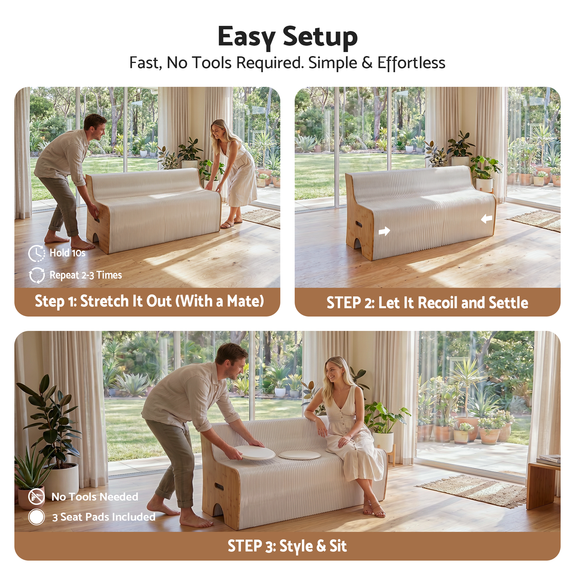 Artiss Folding Kraft Paper Sofa 3 Seater Accordion Bench with PU Leather Cushion Collapsible Couch 300kg Capacity 150x59x63cm