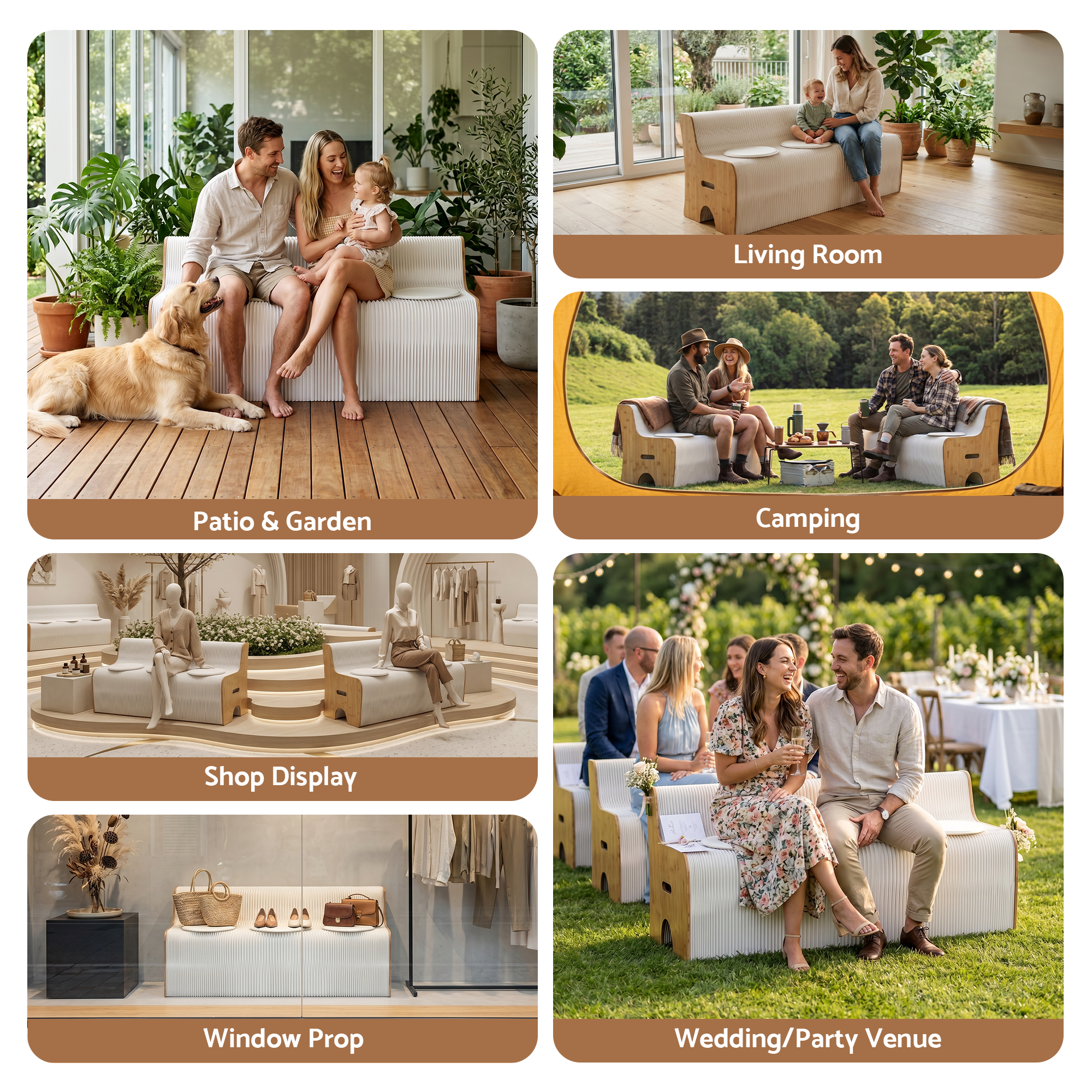 Artiss Folding Kraft Paper Sofa 3 Seater Accordion Bench with PU Leather Cushion Collapsible Couch 300kg Capacity 150x59x63cm