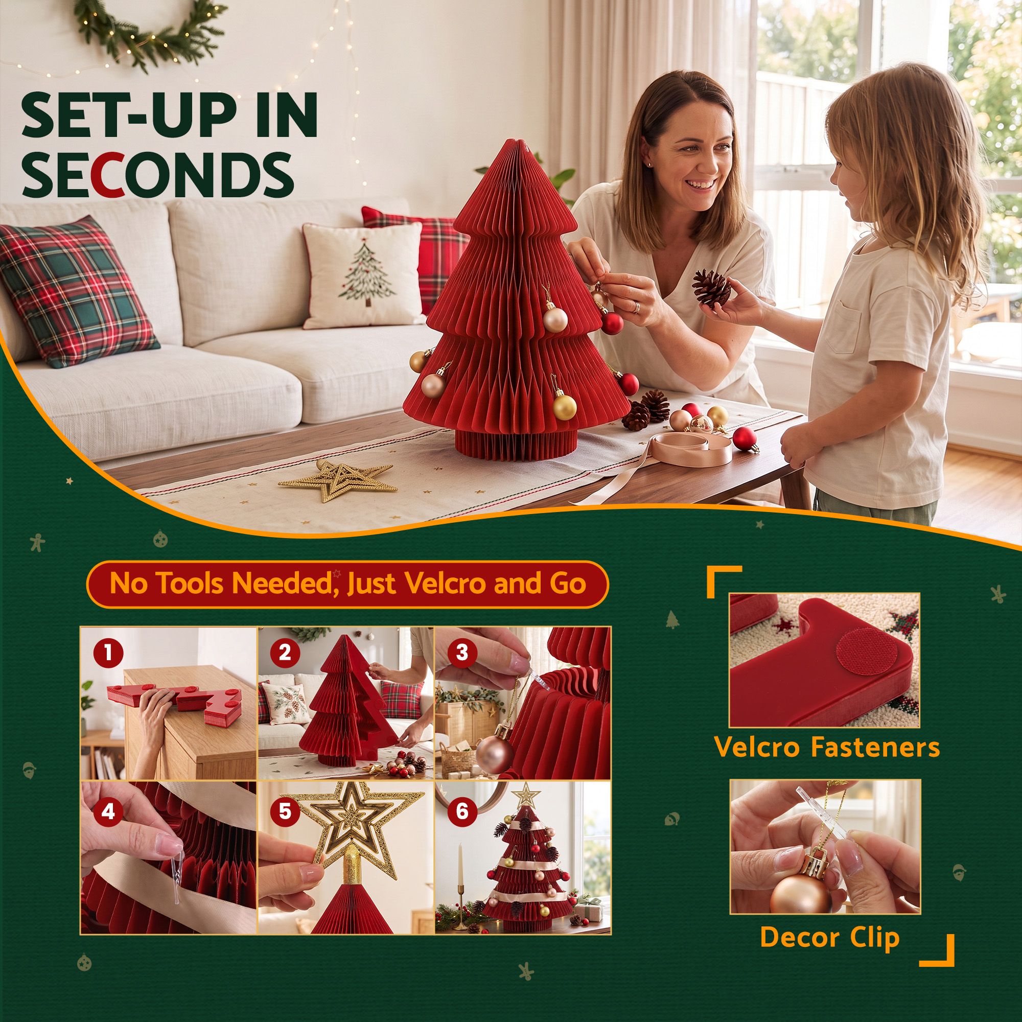 Jingle Jollys Paper Christmas Tree 47CM w/ Star Topper Xmas Decoration Tabletop Red DIY Ornament Set