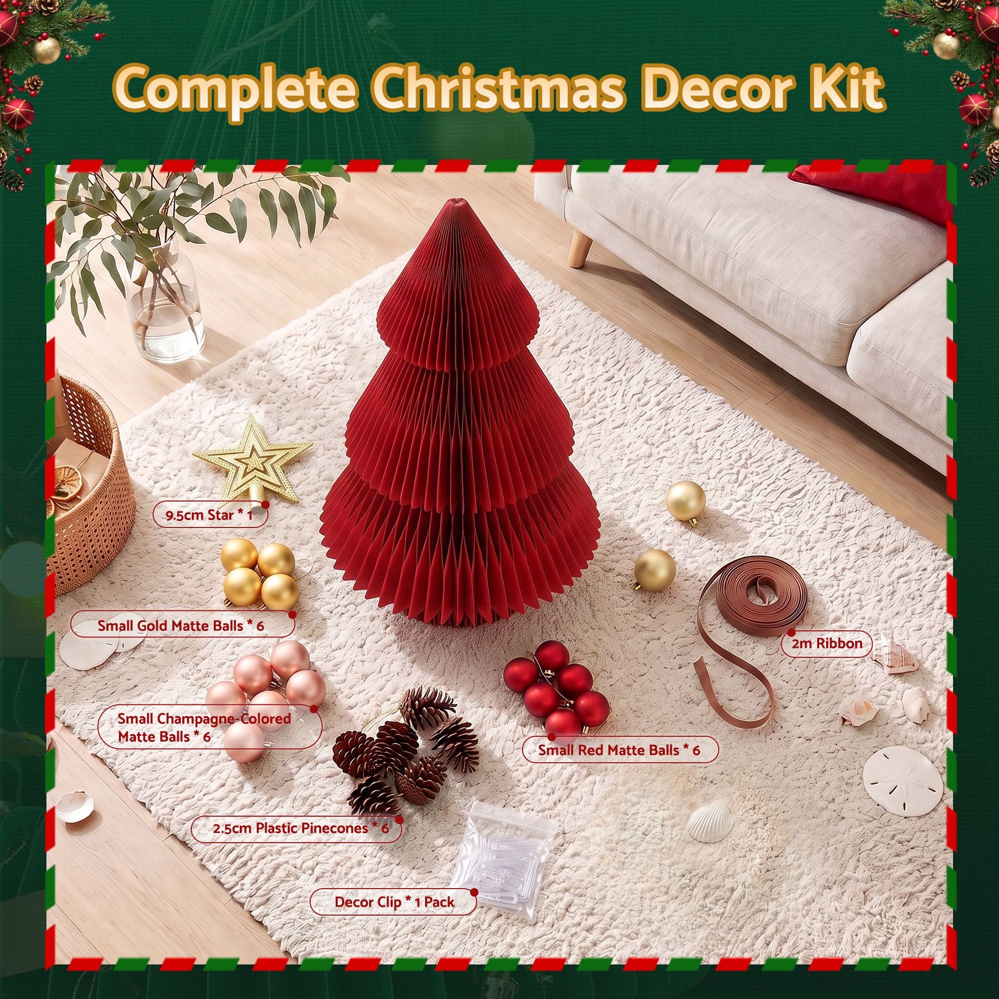 Jingle Jollys Paper Christmas Tree 47CM w/ Star Topper Xmas Decoration Tabletop Red DIY Ornament Set
