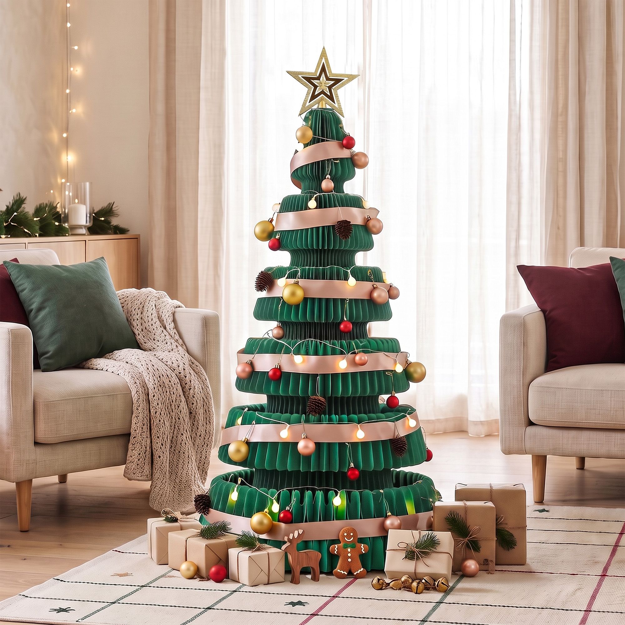 Jingle Jollys Paper Christmas Tree 111CM w/ Star Topper LEDs Xmas Decorations Kit Home Office Green