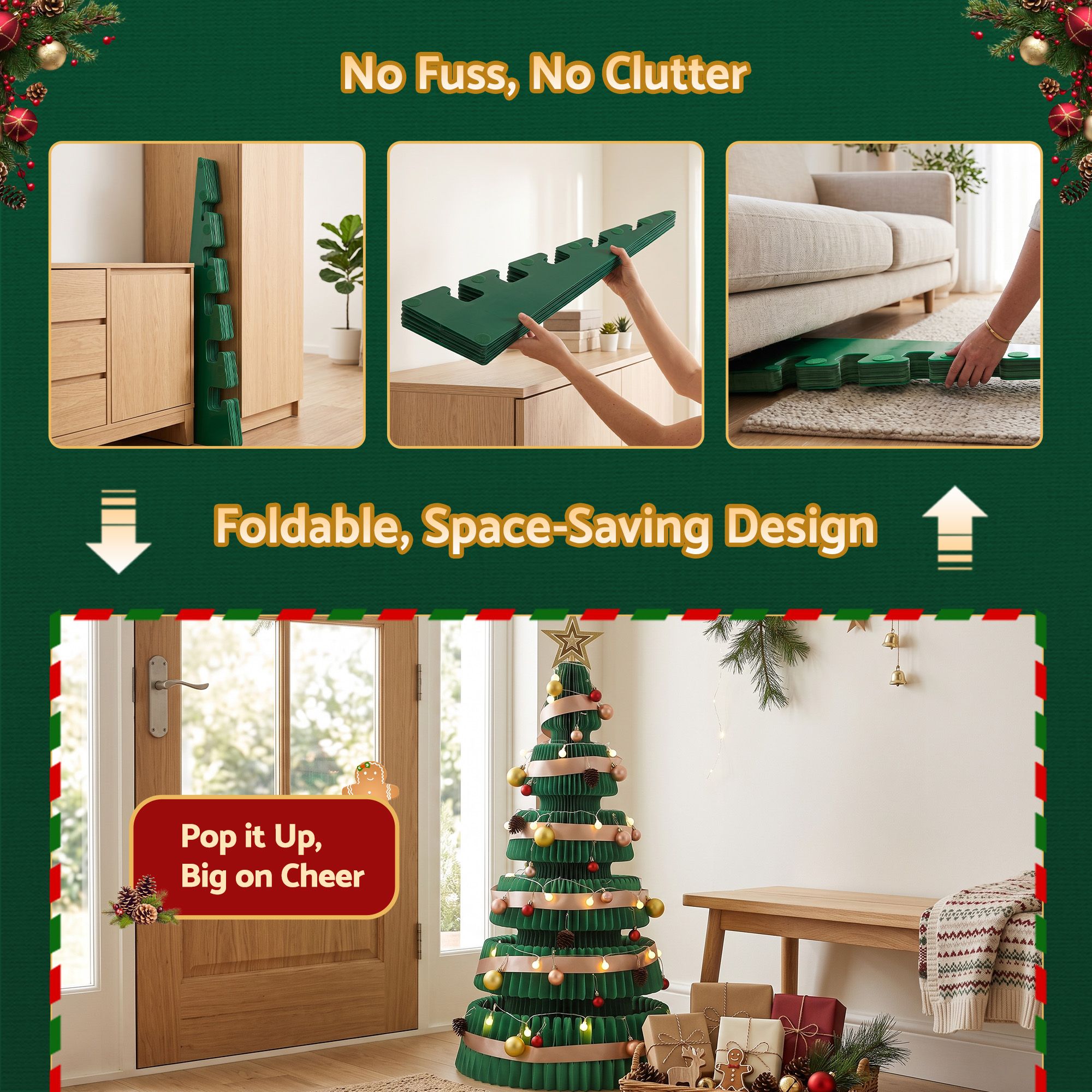 Jingle Jollys Paper Christmas Tree 111CM w/ Star Topper LEDs Xmas Decorations Kit Home Office Green