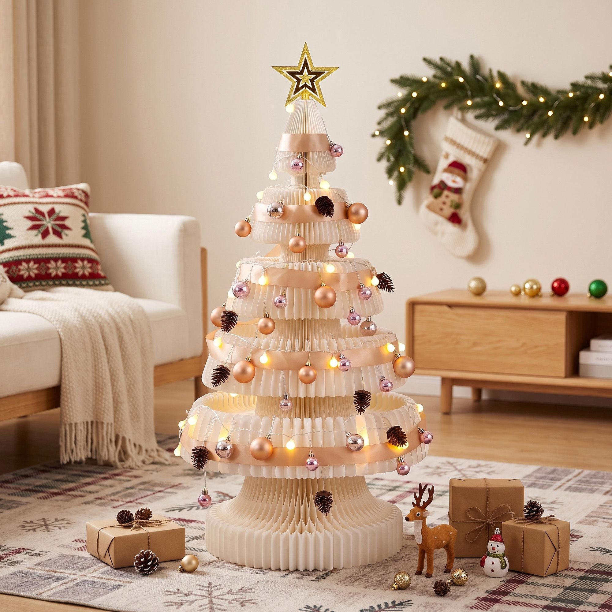 Jingle Jollys Paper Christmas Tree 114CM w/ Star Topper LEDs Xmas Decorations Kit Home Office White
