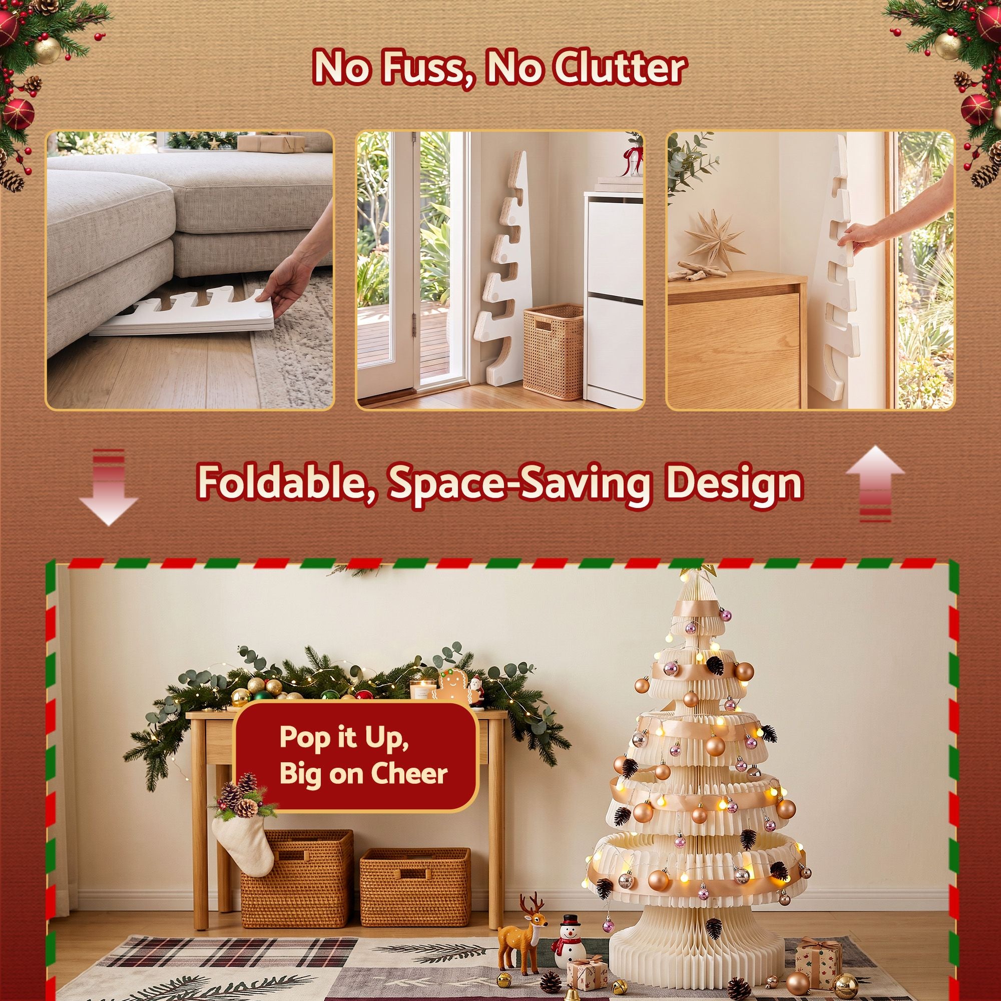 Jingle Jollys Paper Christmas Tree 114CM w/ Star Topper LEDs Xmas Decorations Kit Home Office White