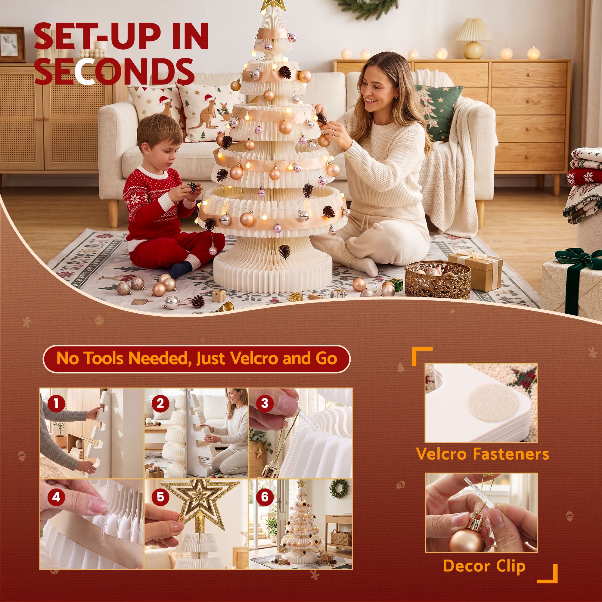 Jingle Jollys Paper Christmas Tree 114CM w/ Star Topper LEDs Xmas Decorations Kit Home Office White