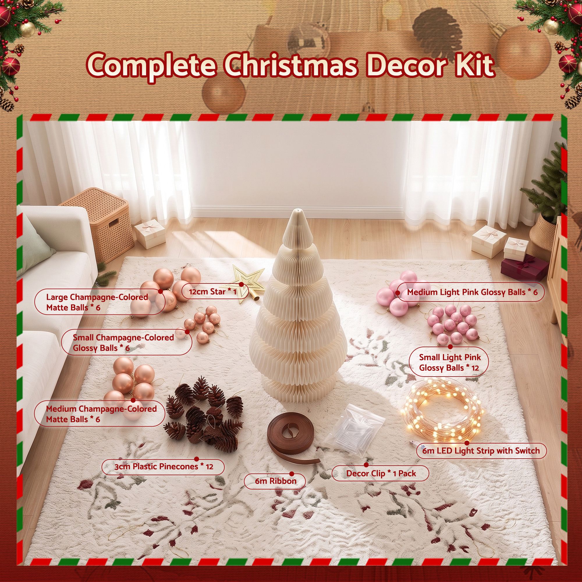 Jingle Jollys Paper Christmas Tree 114CM w/ Star Topper LEDs Xmas Decorations Kit Home Office White