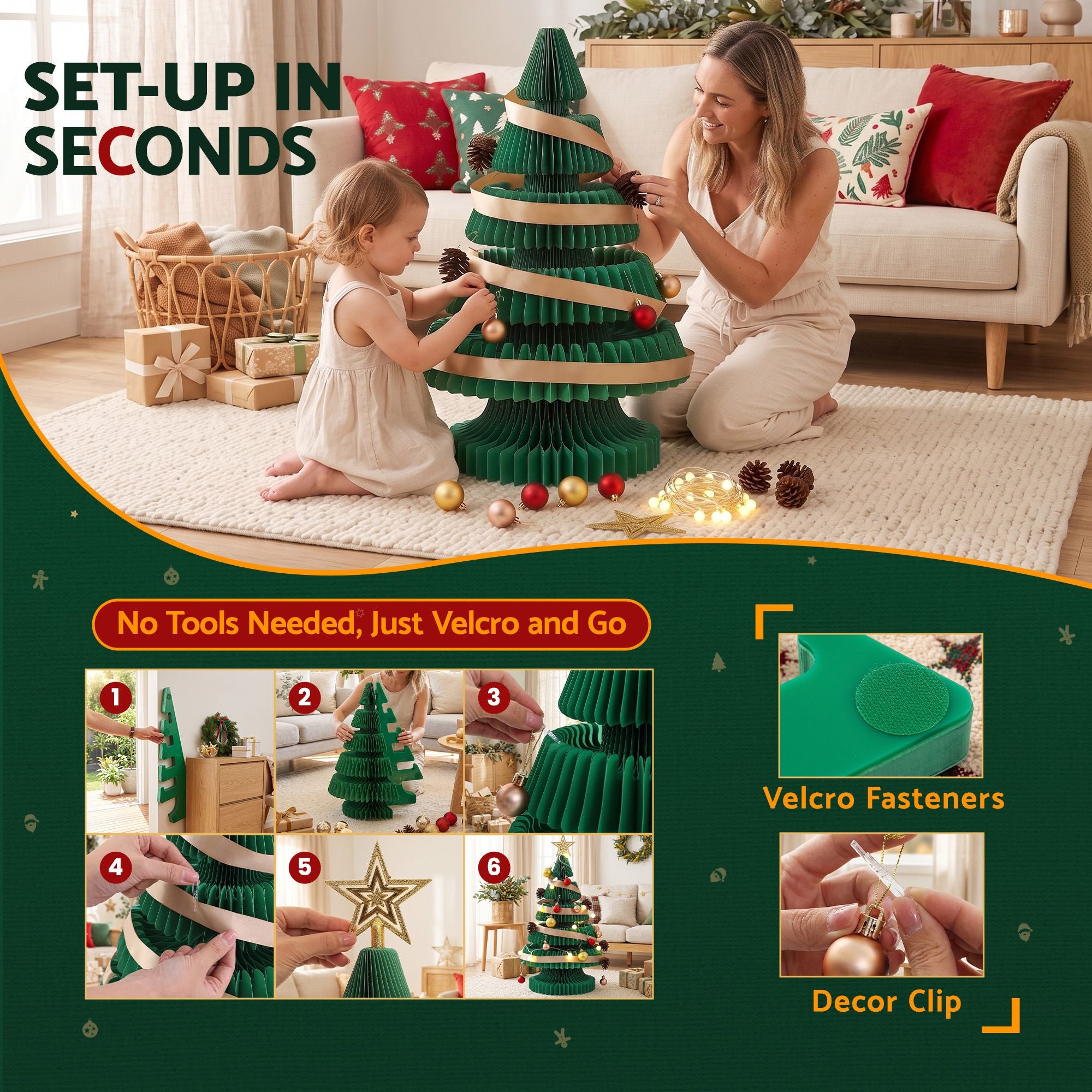 Jingle Jollys Paper Christmas Tree 62CM w/ Star Topper LEDs Xmas Decorations Kit Home Office Green