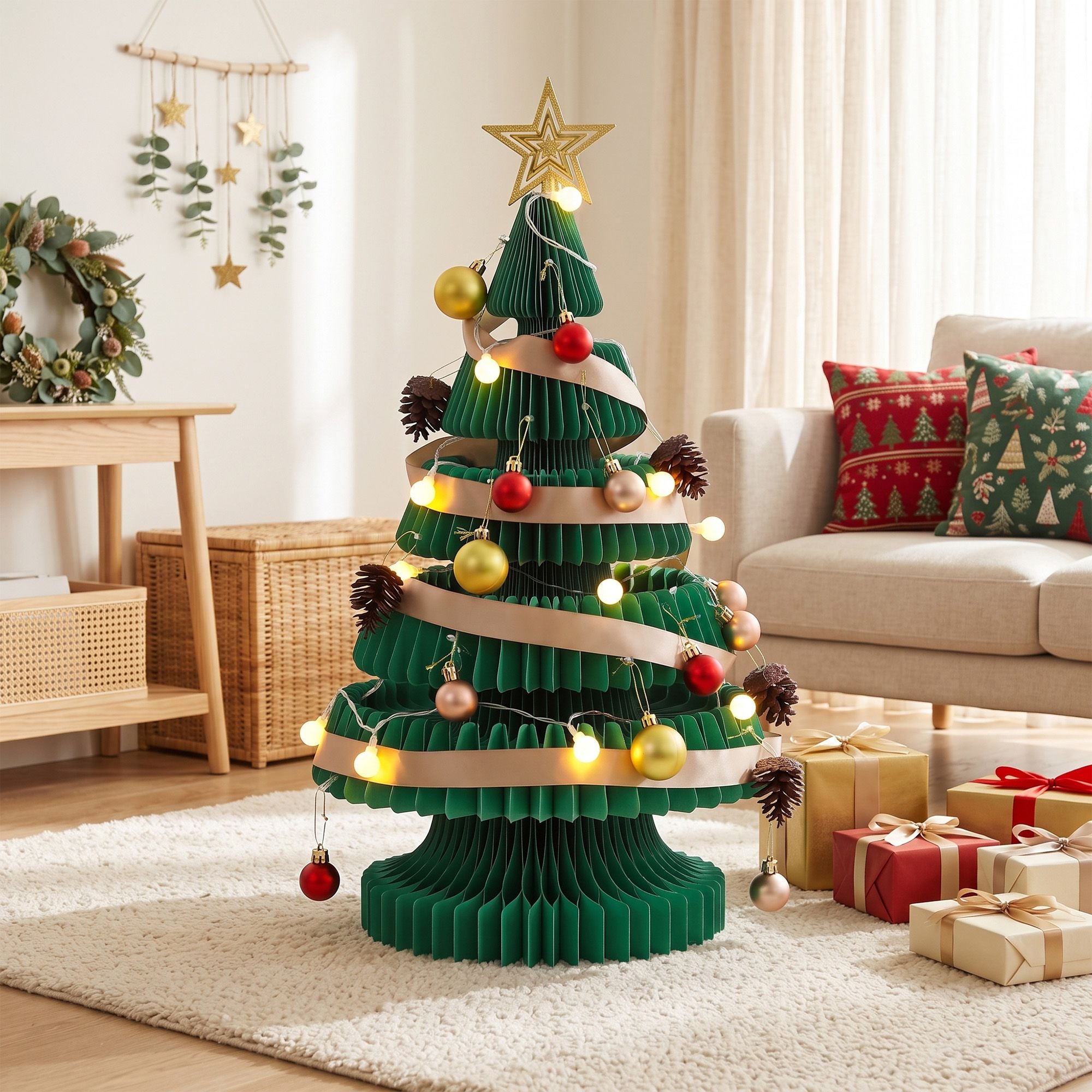 Jingle Jollys Paper Christmas Tree 62CM w/ Star Topper LEDs Xmas Decorations Kit Home Office Green