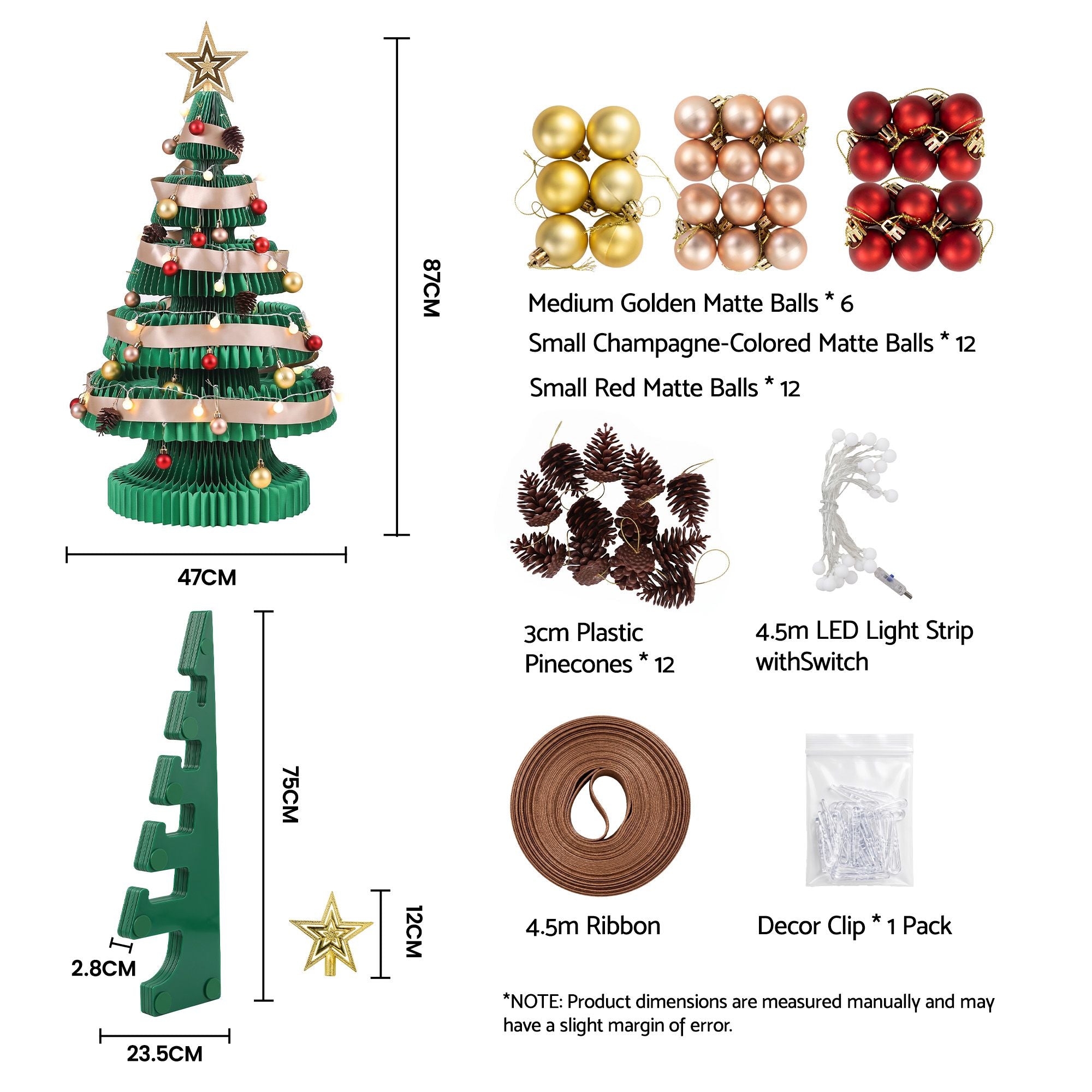 Jingle Jollys Paper Christmas Tree 87CM w/ Star Topper LEDs Xmas Decorations Kit Home Office Green