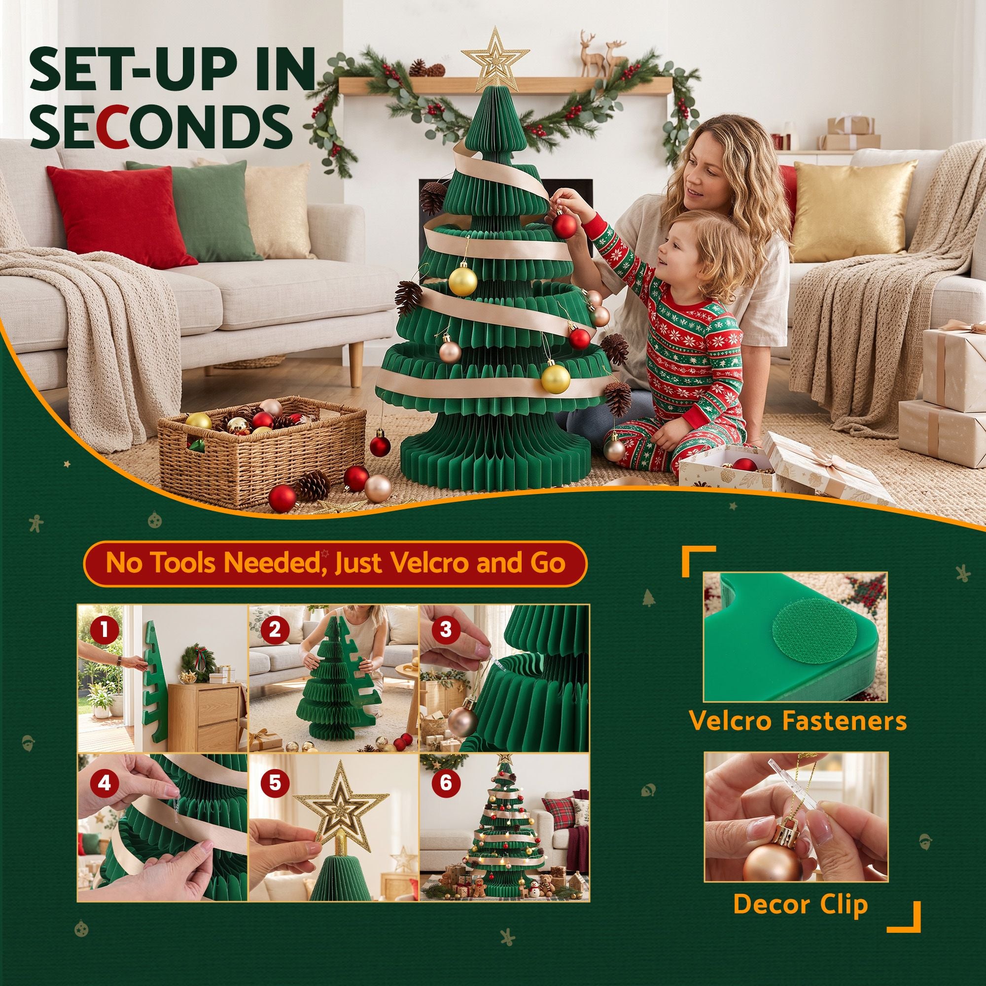 Jingle Jollys Paper Christmas Tree 87CM w/ Star Topper LEDs Xmas Decorations Kit Home Office Green