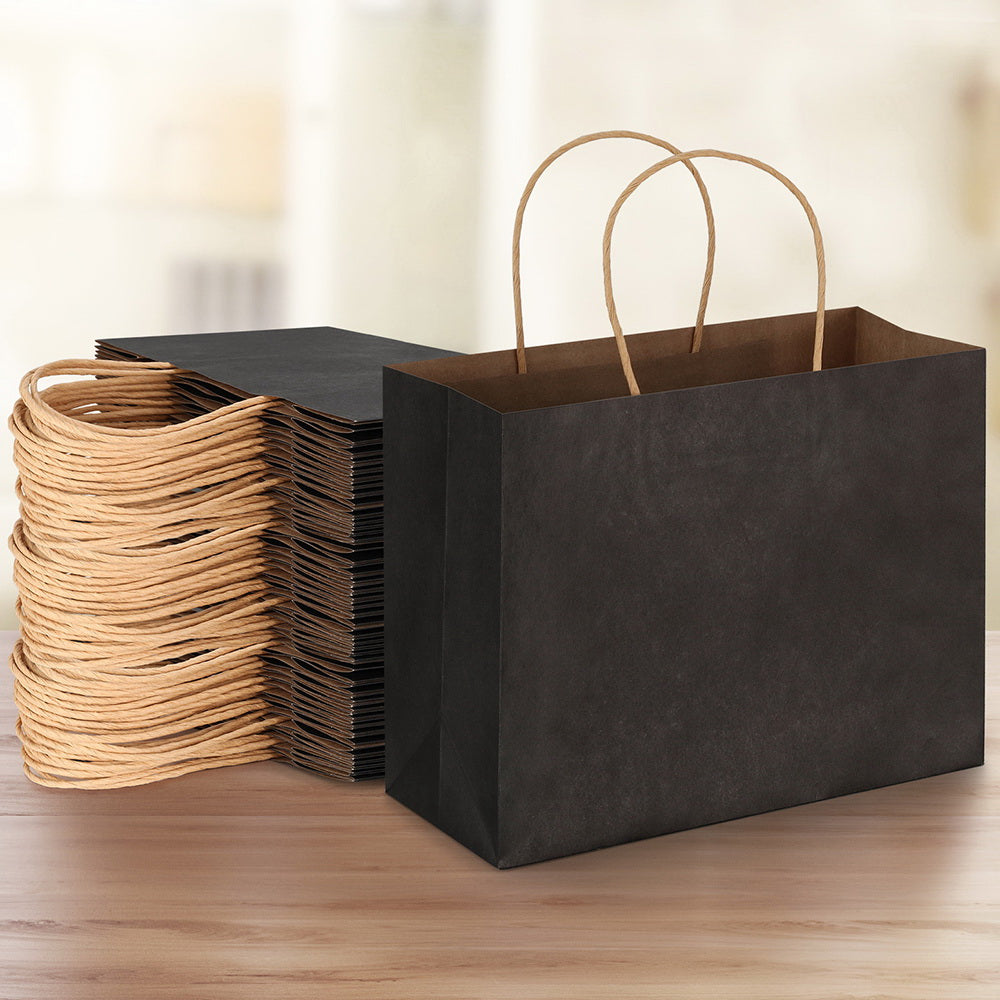 Gift Bags: 50pcs Bulk Paper Bags Pack Shopping Retail Gift Bags Reusable Soft Handle Black