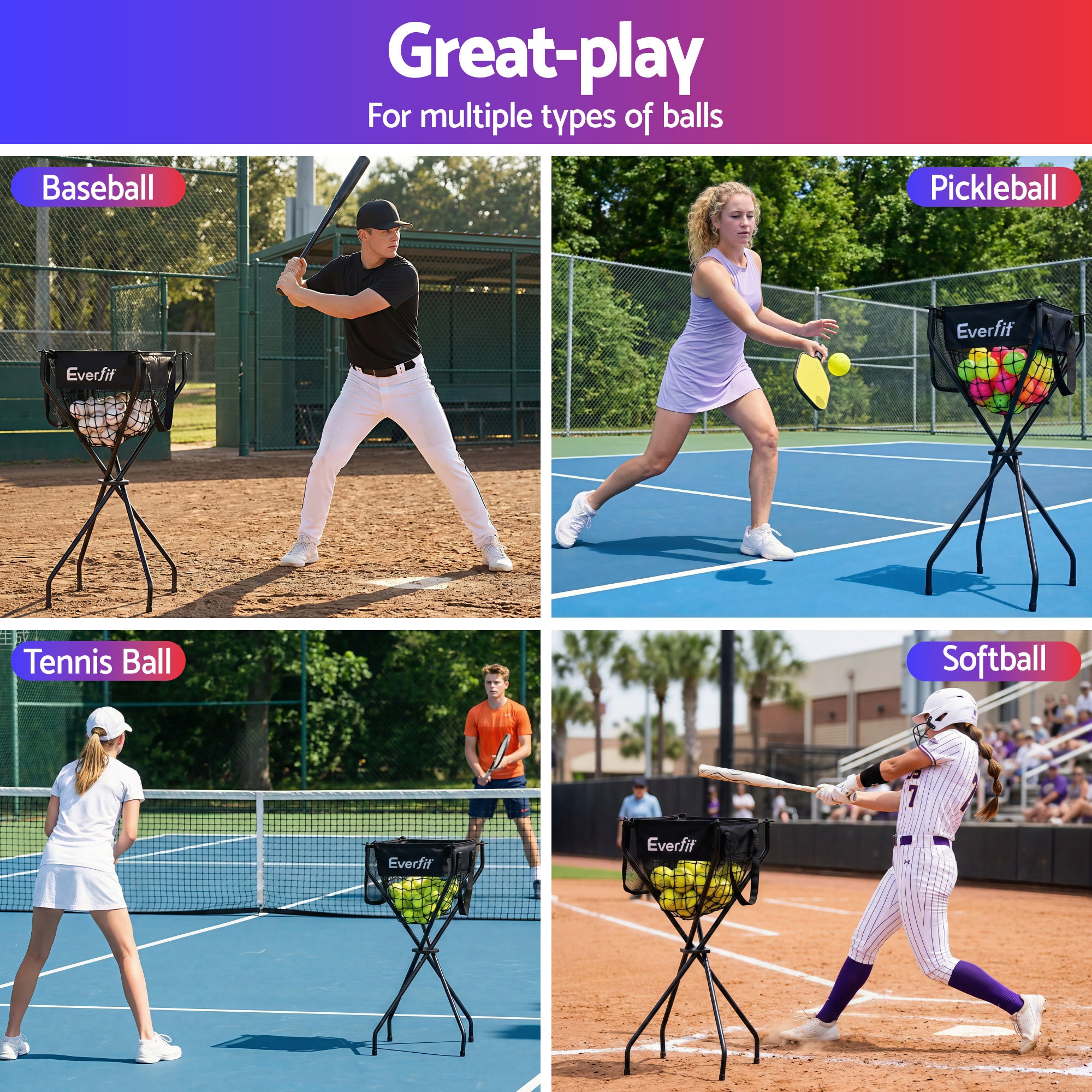 Pickleball: Everfit Portable Ball Cart Foldable Pickleball Tennis Baseball Softball