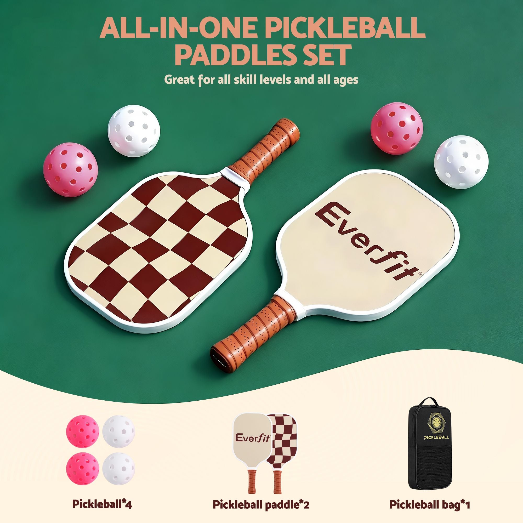 Everfit Pickleball Paddle Set Fibreglass Racquet Honeycomb Core With Bag Brown