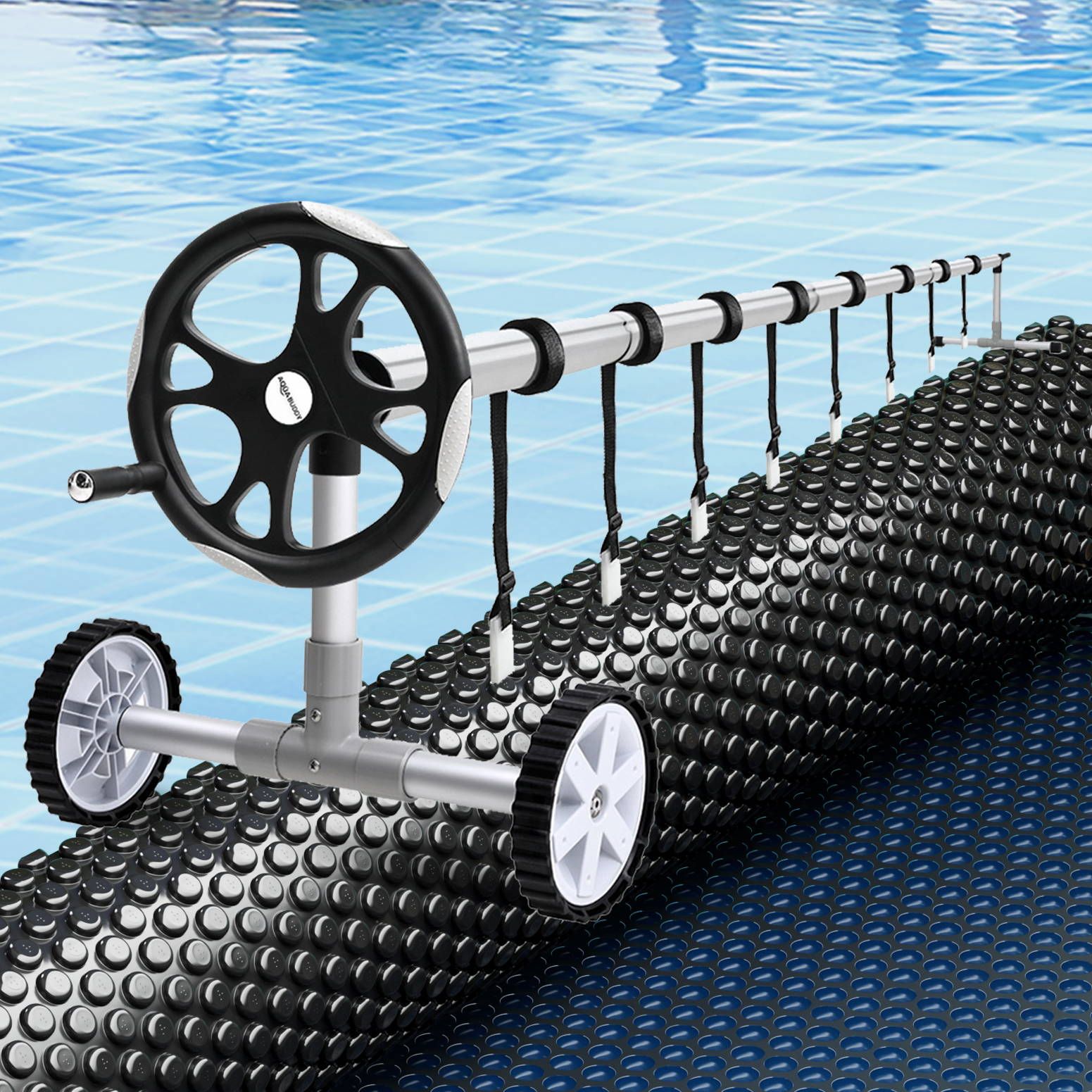 Aqua Buddy Pool Cover 600 Micron 12x6.4m w/ Roller 6.55m Swimming Pools Black Solar Blanket