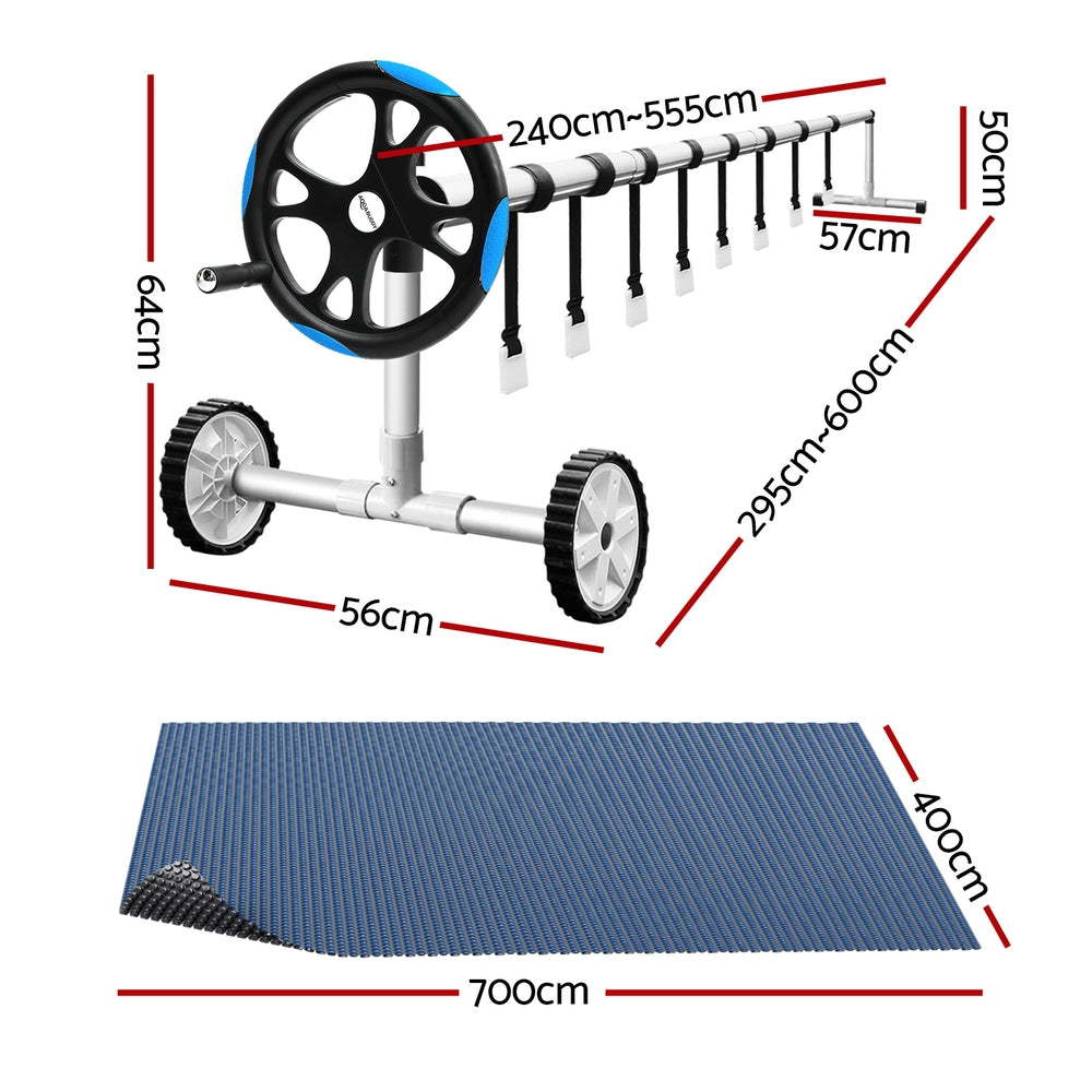 Pool Covers & Accessories: Aqua Buddy Pool Cover 7x4m 600 Micron w/ Roller 5.55m Black Solar Blanket
