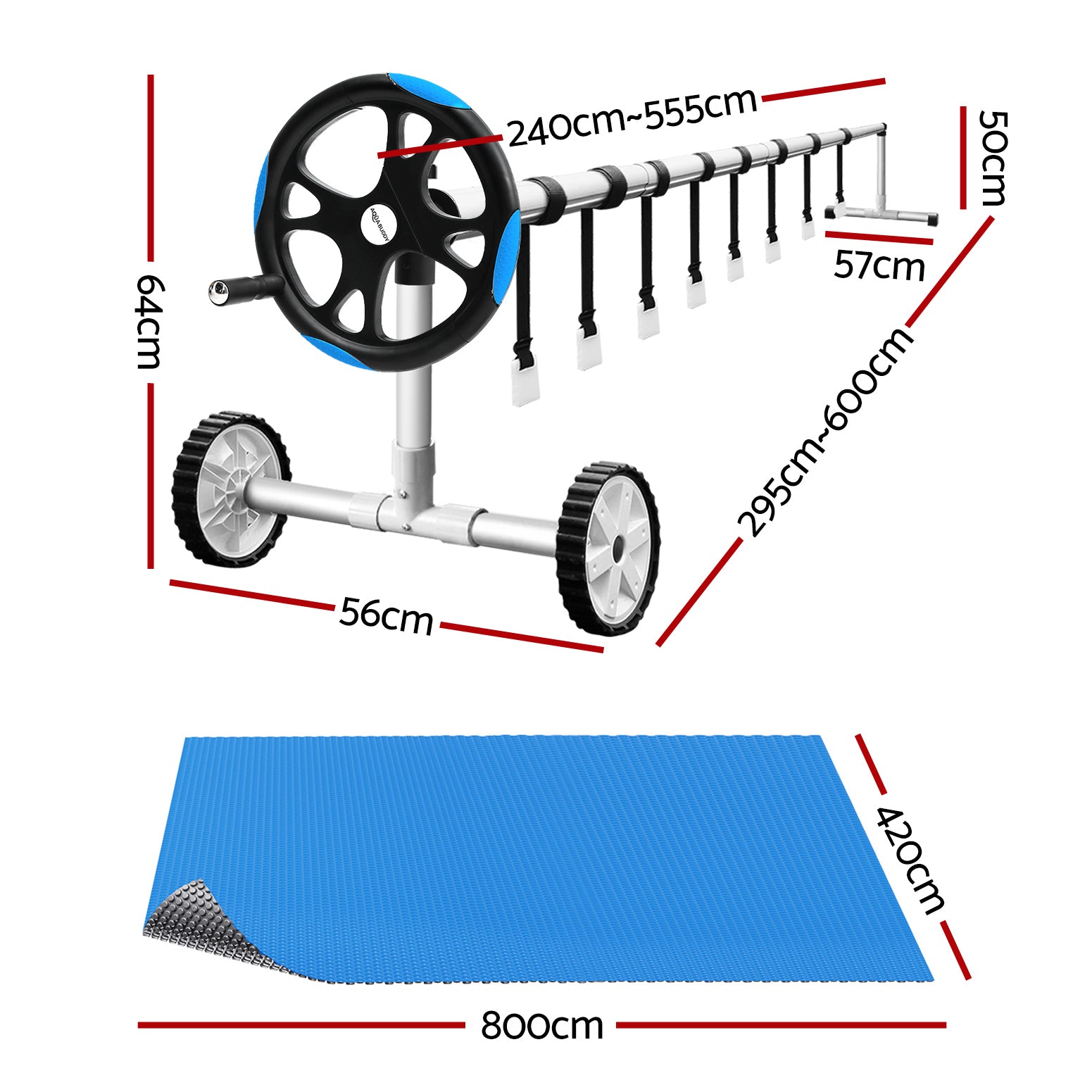 Pool Covers & Accessories: Aqua Buddy Pool Cover 600 Micron Solar Heat Blanket 8x4.2m w/ 5.55m Roller Blue