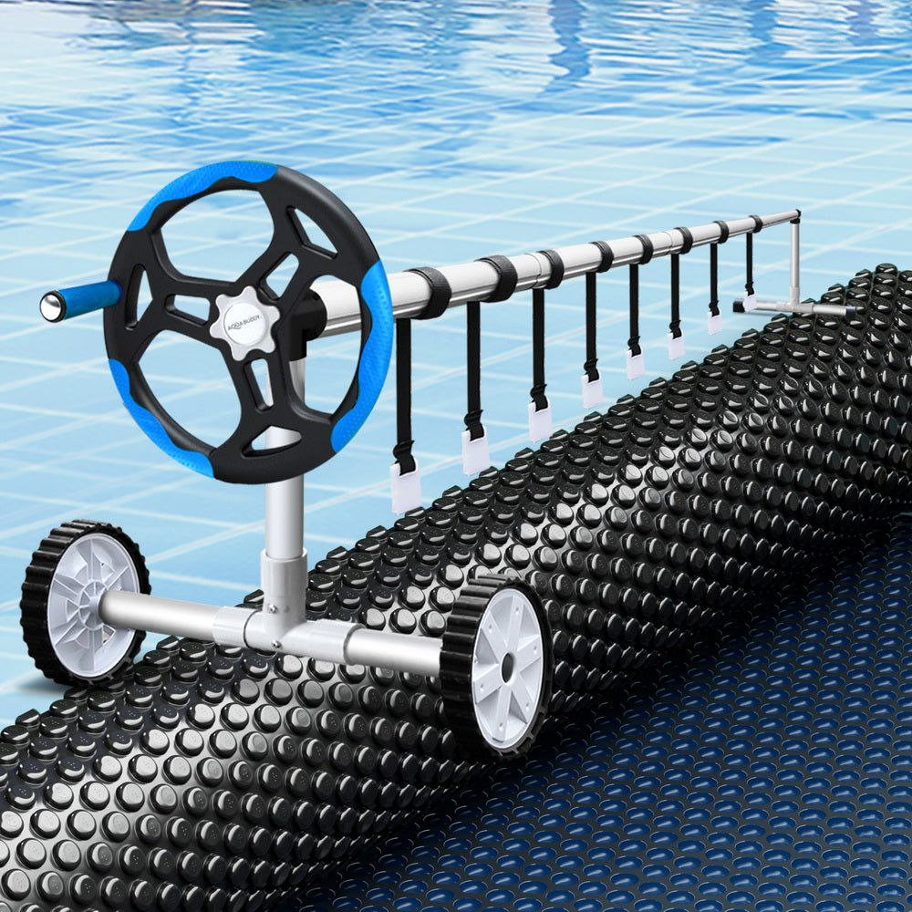 Pool Covers & Accessories: Aqua Buddy Pool Cover 600 Micron 8.5x4.2m w/ Blue Roller 5.55m Black Solar Blanket