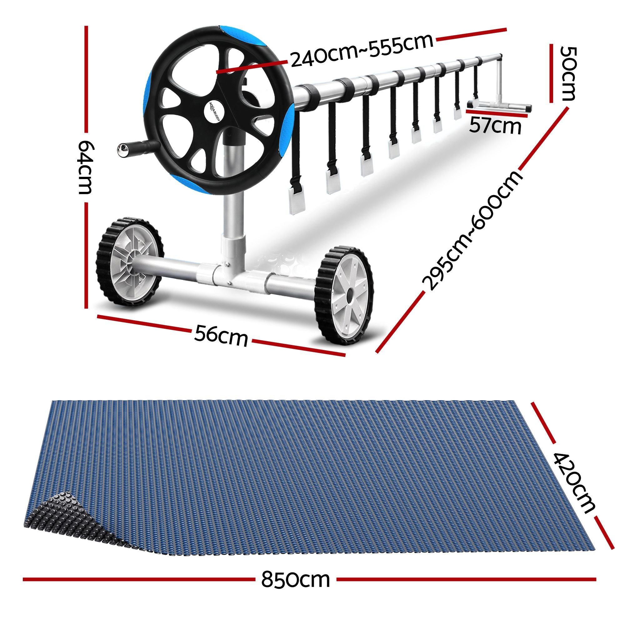 Aqua Buddy Pool Cover 500 Micron 8.5x4.2m w/ Blue Roller 5.55m Swimming Pools Black Solar Blanket