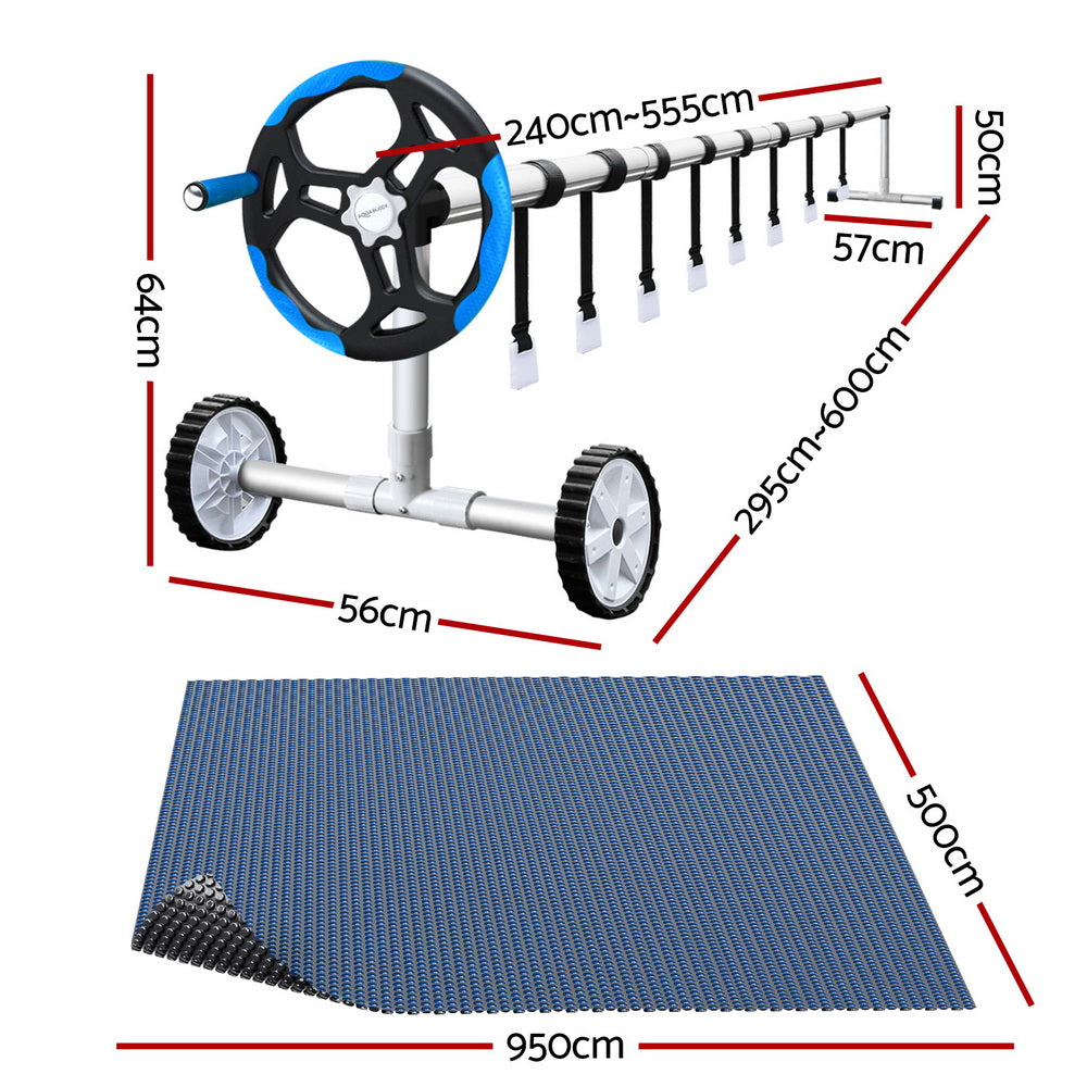 Pool Covers & Accessories: Aqua Buddy Pool Cover 600 Micron 9.5x5m w/ Blue Roller 5.55m Black Solar Blanket