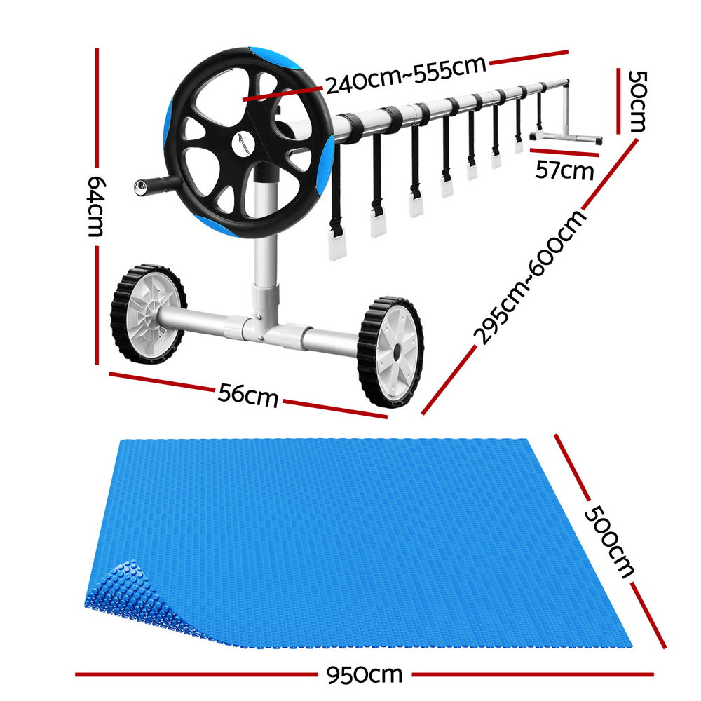 Pool Covers & Accessories: Aqua Buddy Pool Cover 600 Micron Solar Heat 9.5x5m Blanket w/ 5.55m Roller Blue
