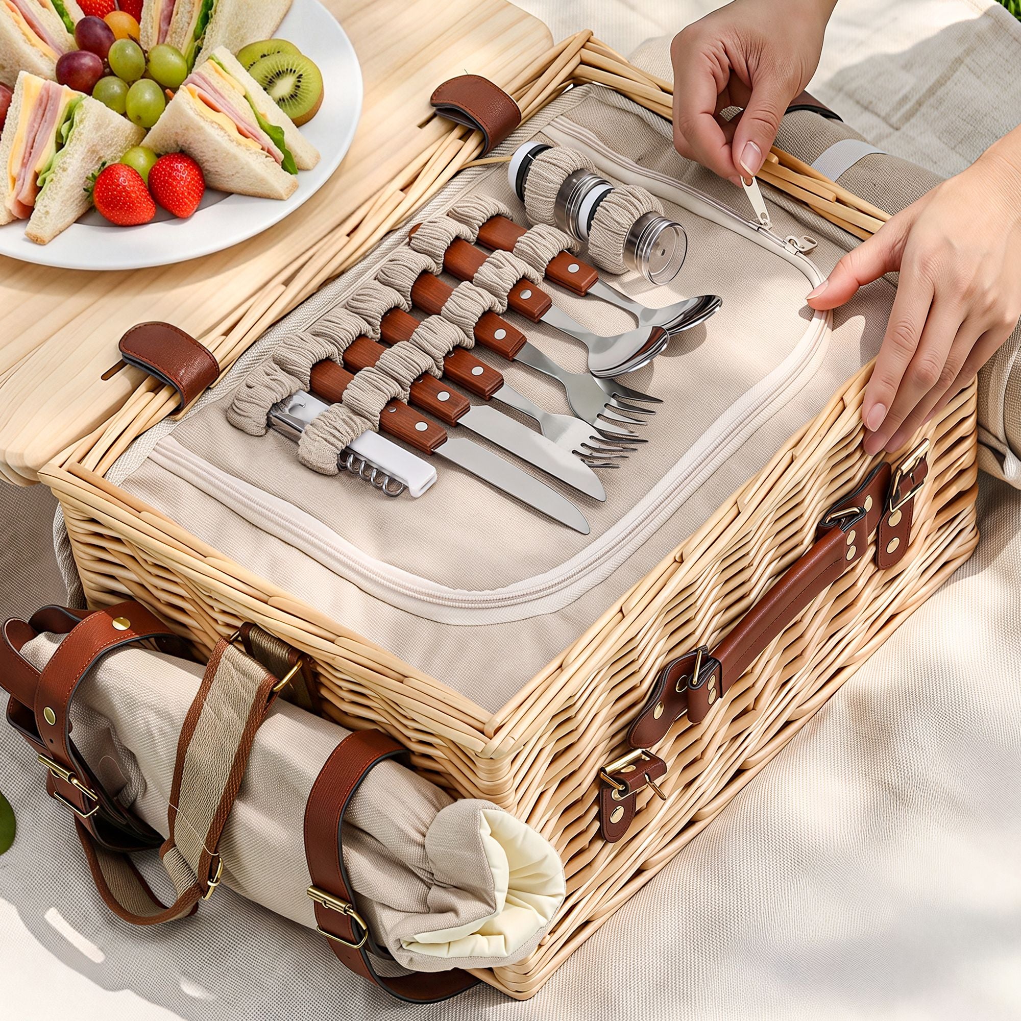 Alfresco 4 Person Insulated Picnic Basket Set with Foldable Wood Table Mat