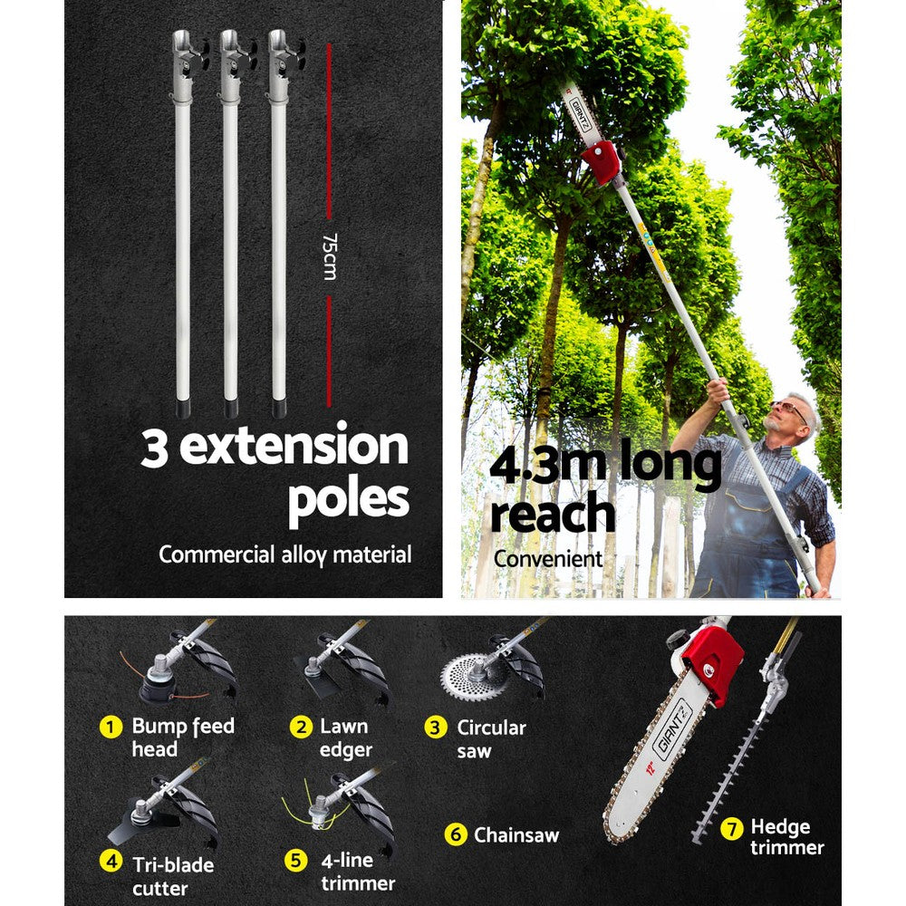 Chainsaws: Giantz 4 Stroke Pole Chainsaw Petrol Hedge Trimmer Tree Pruner 12'' 7 In 1