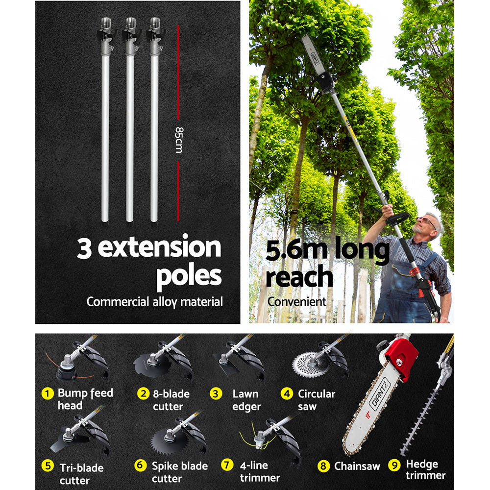 Chainsaws: Giantz 62CC Pole Chainsaw Hedge Trimmer Brush Cutter Whipper Snipper Saw 9-in-1 5.6m