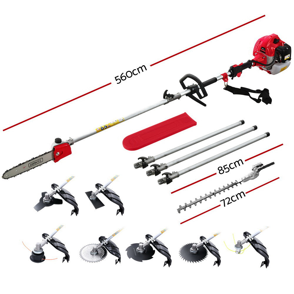 Chainsaws: Giantz 62CC Pole Chainsaw Hedge Trimmer Brush Cutter Whipper 9-in-1 5.6m Red