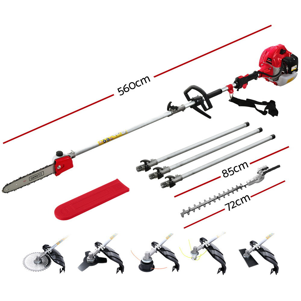 Chainsaws: Giantz 62CC Pole Chainsaw Hedge Trimmer Brush Cutter Whipper 7-in-1 5.6m Red