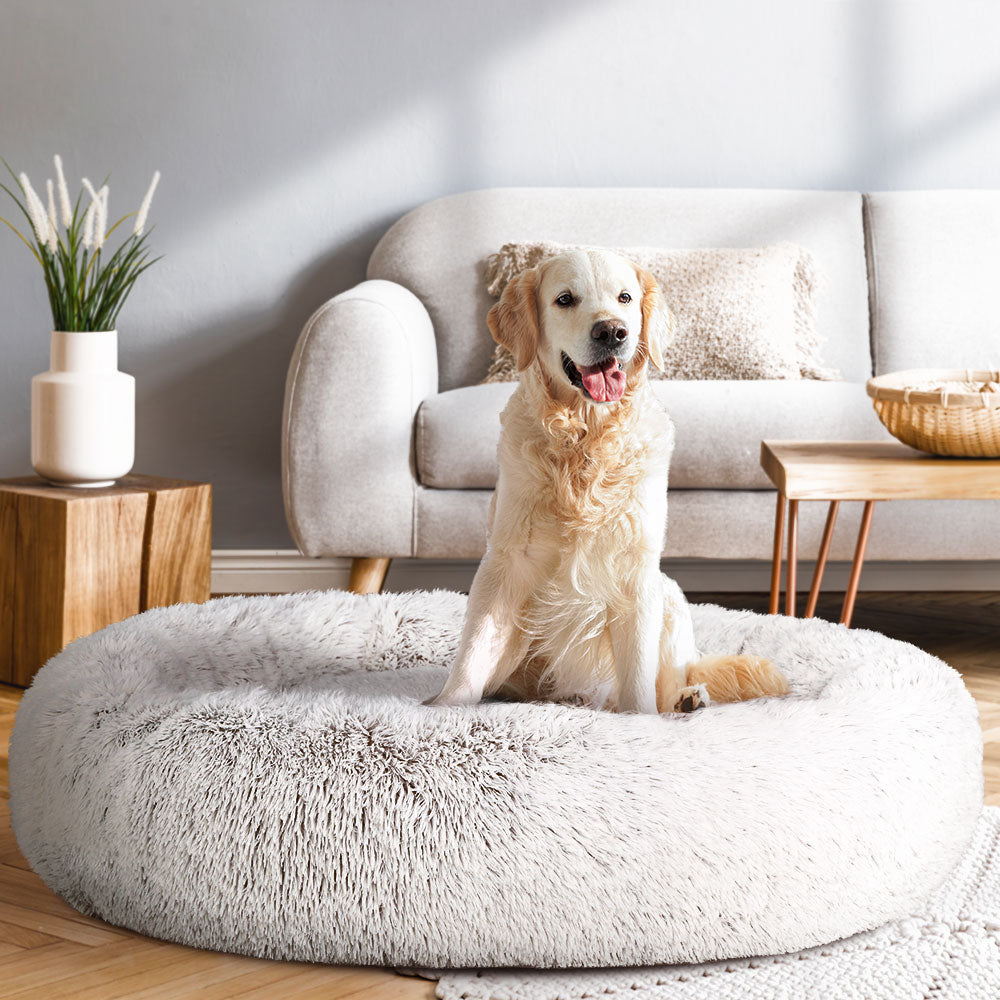 Dog Beds: i.Pet Pet Bed Dog Cat 110cm Calming Extra Large Soft Plush White Brown