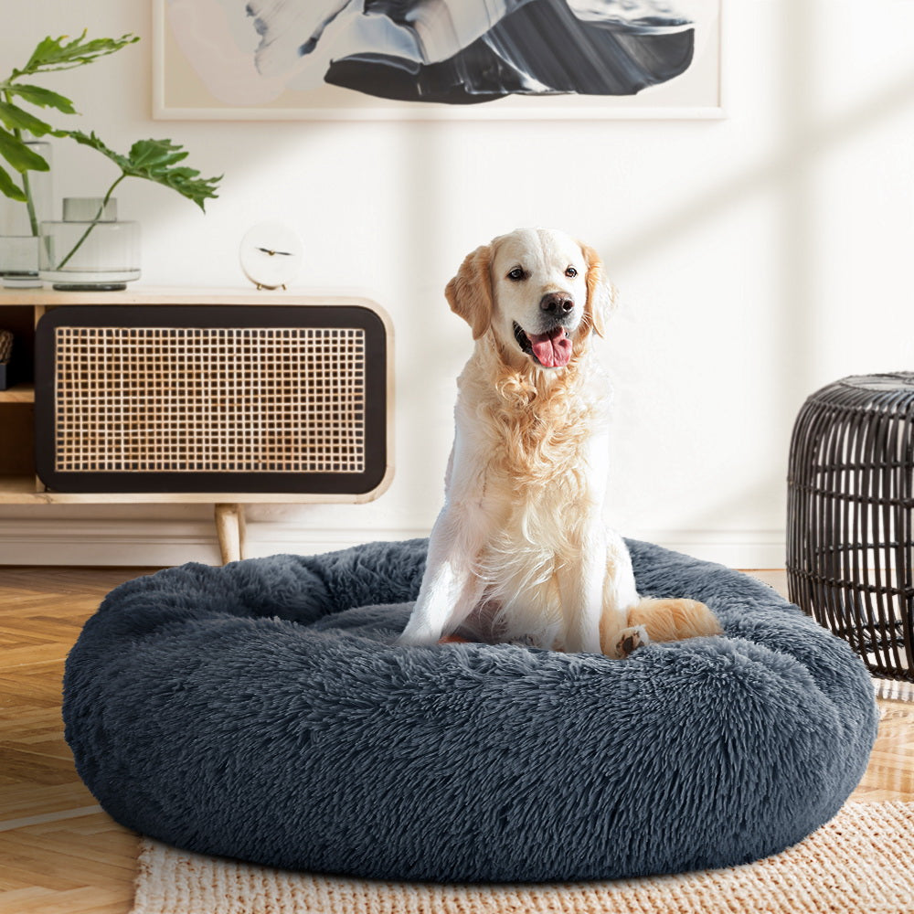 Dog Beds: i.Pet Pet Bed Dog Cat 90cm Large Calming Soft Plush Bed Dark Grey