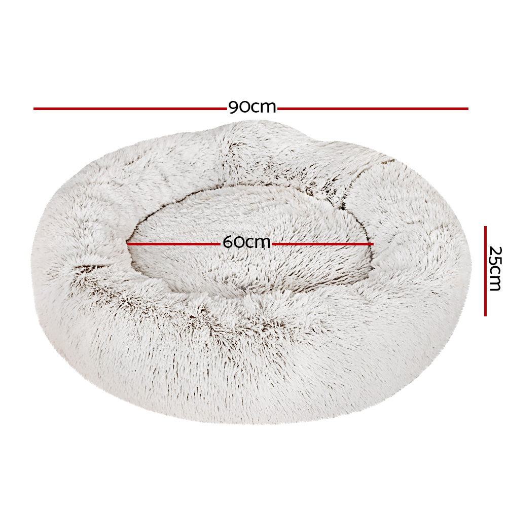 Dog Beds: i.Pet Pet Bed Dog Cat 90cm Large Calming Soft Plush White Brown