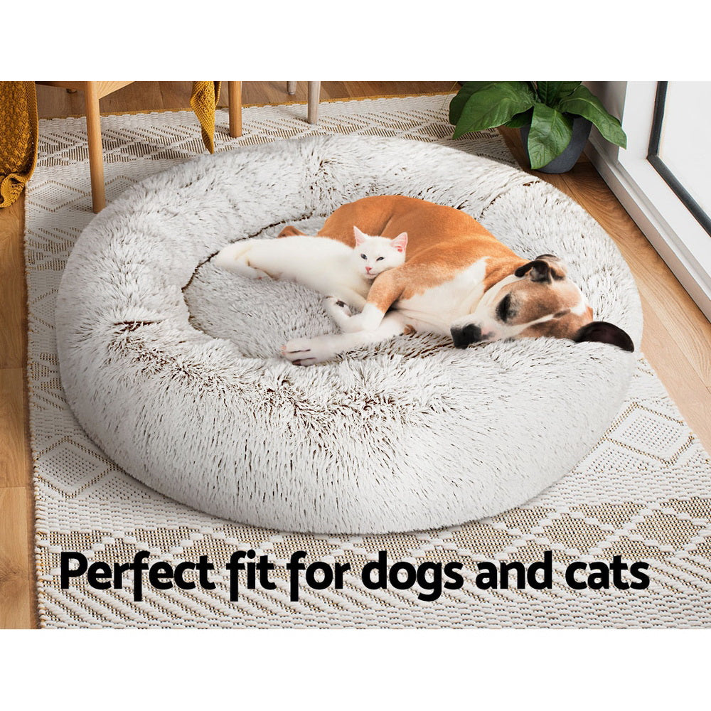 Dog Beds: i.Pet Pet Bed Dog Cat 90cm Large Calming Soft Plush White Brown