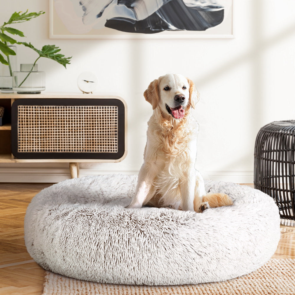 Dog Beds: i.Pet Pet Bed Dog Cat 90cm Large Calming Soft Plush White Brown