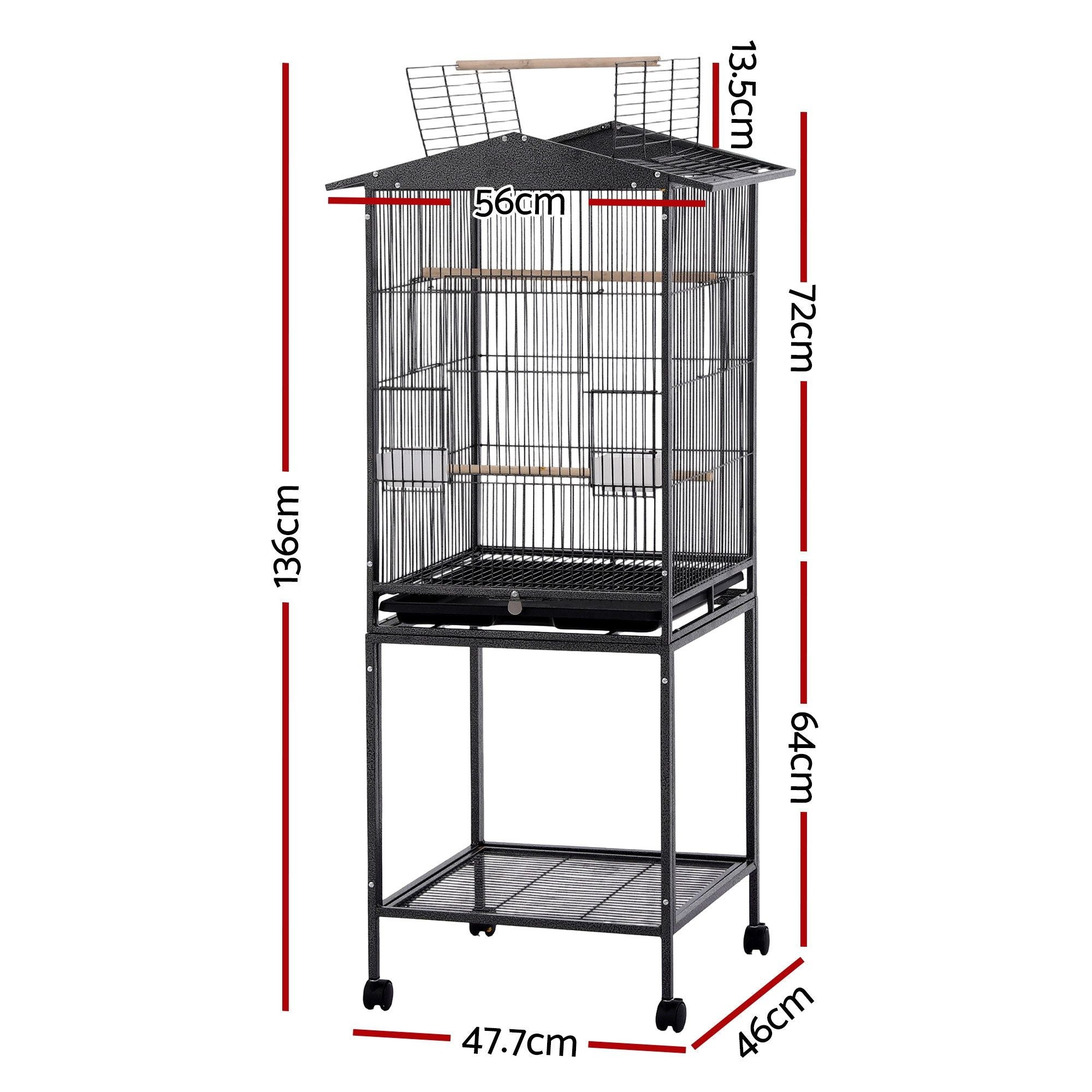 i.Pet 136cm Bird Cage Aviary Open Top Parrot Budgie Stand Wheels Black