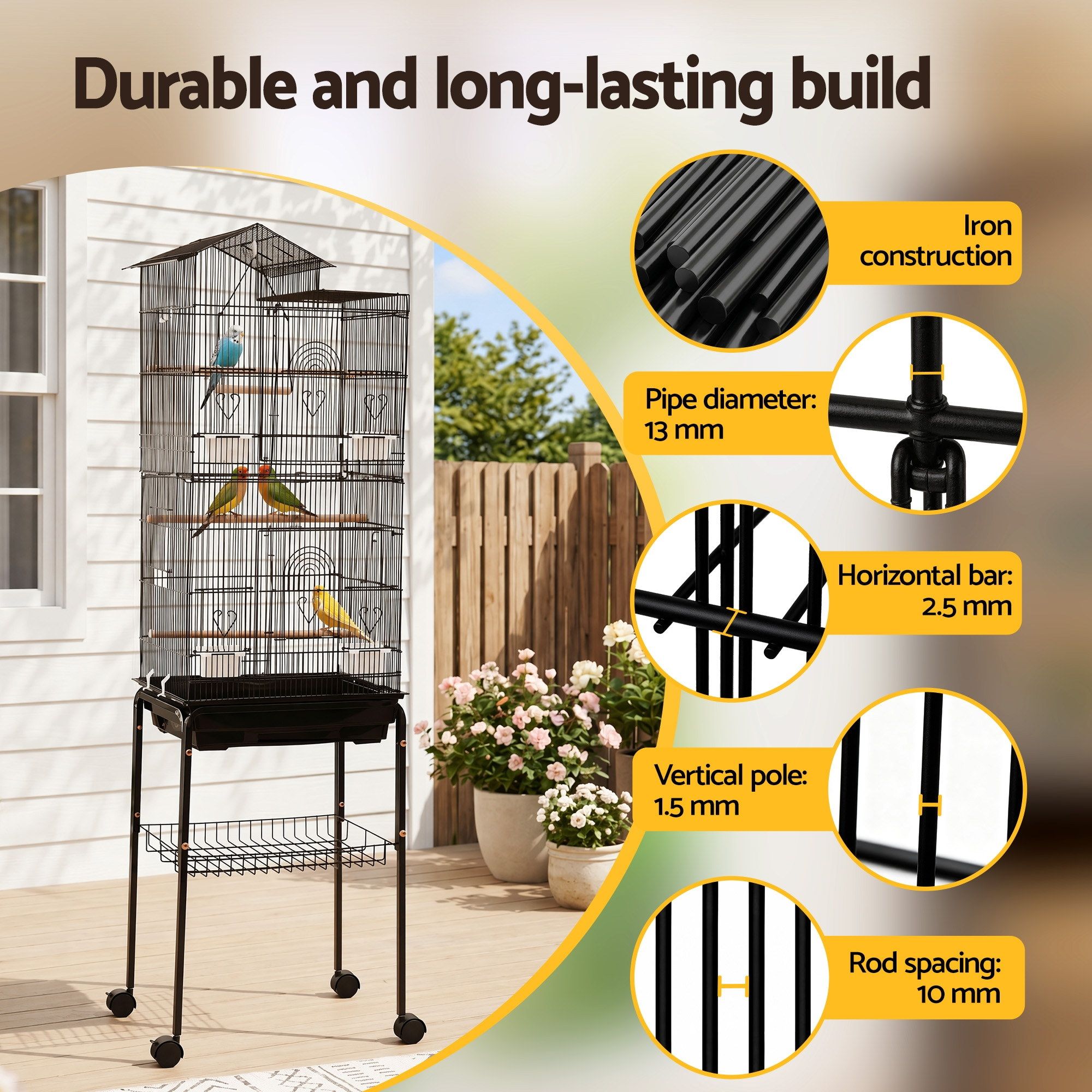 i.Pet 158cm Bird Cage Aviary Parrot Budgie Stand Wheels Black