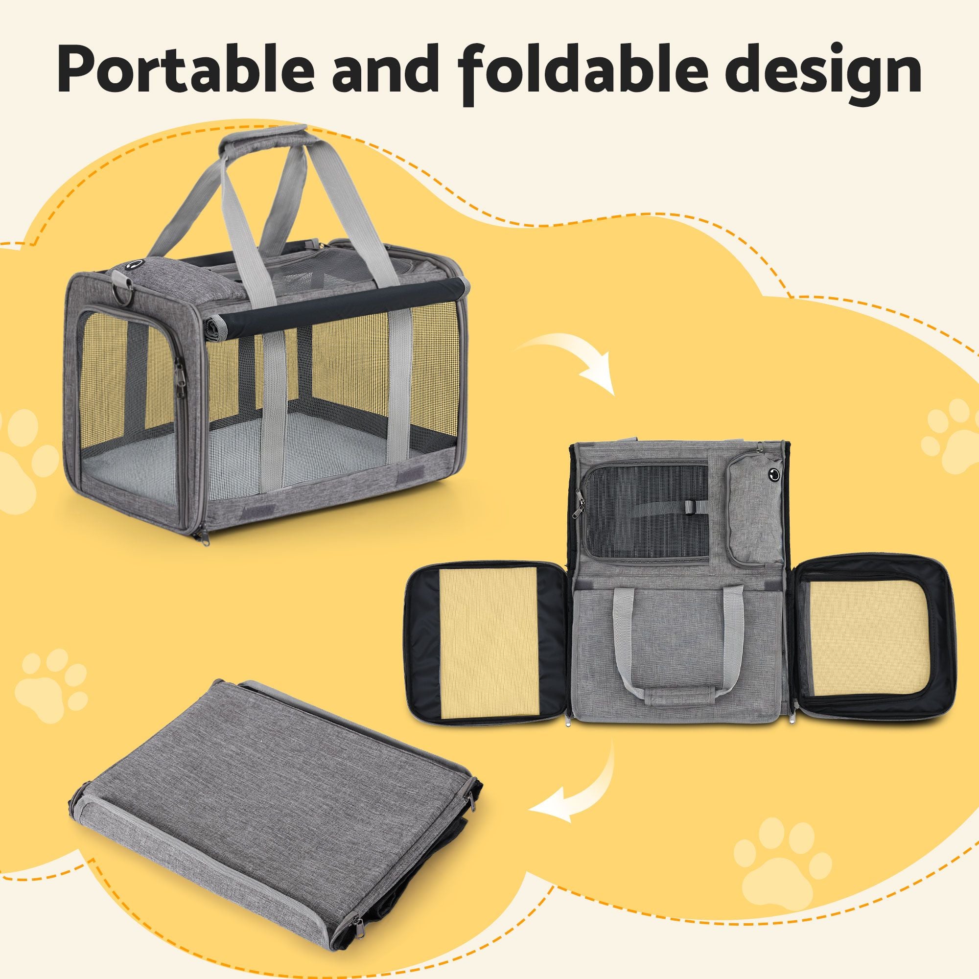 i.Pet Pet Carrier Bag Foldable Dog Cat Durable Crate Travel Cage Portable Car Kennel Grey