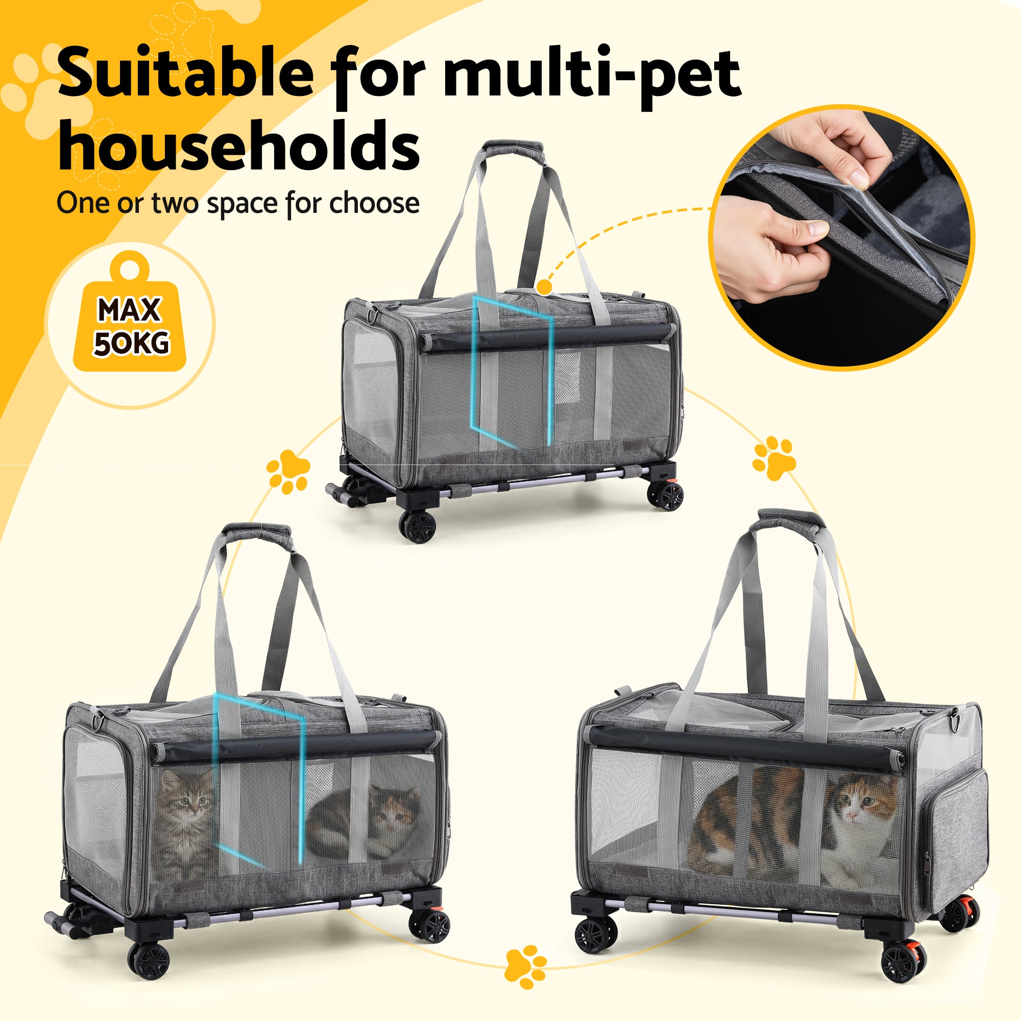 Dog Carriers & Crates: i.Pet Pet Carrier Swivel Wheels Foldable Cat Dog Trolley Stroller Travel Bag Grey