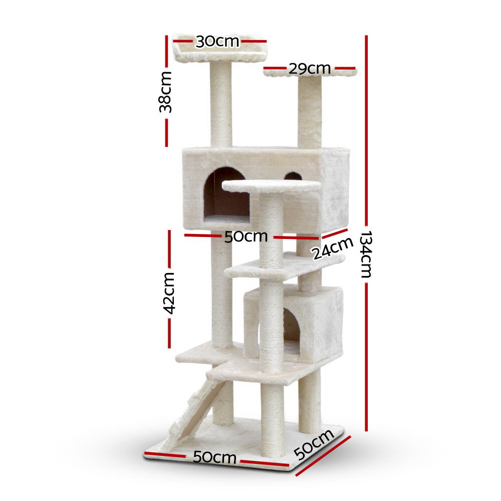 Cat Scratching Posts: i.Pet Cat Tree 134cm Tower Scratching Post Scratcher Wood Condo House Bed Beige