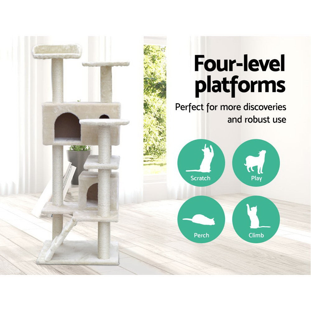Cat Scratching Posts: i.Pet Cat Tree 134cm Tower Scratching Post Scratcher Wood Condo House Bed Beige