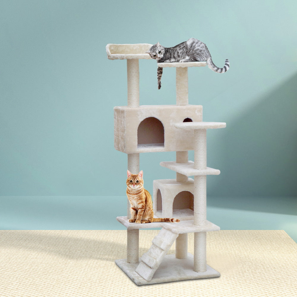 Cat Scratching Posts: i.Pet Cat Tree 134cm Tower Scratching Post Scratcher Wood Condo House Bed Beige
