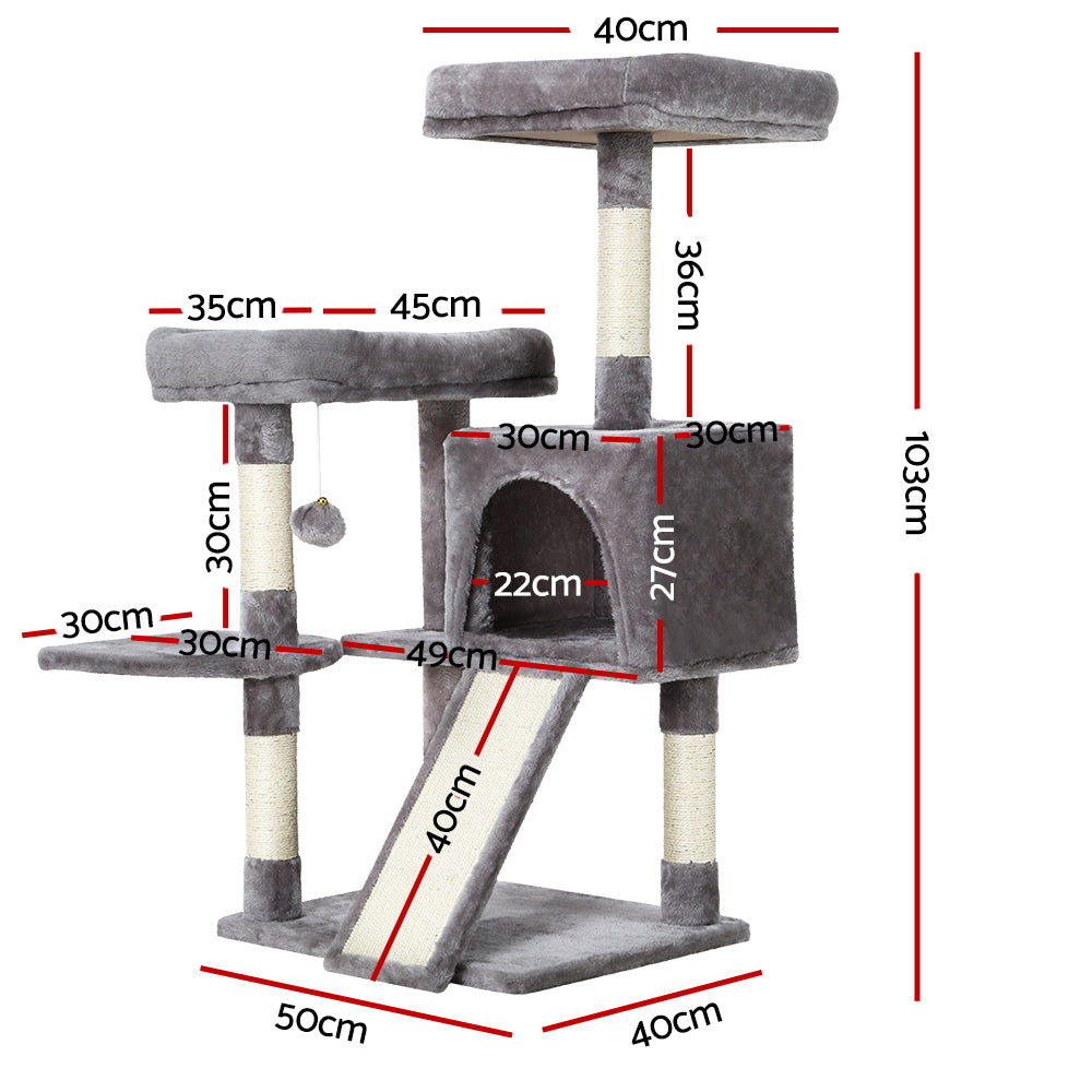 Cat Scratching Posts: i.Pet Cat Tree 103cm Tower Scratching Post Scratcher Wood Condo House Trees Grey