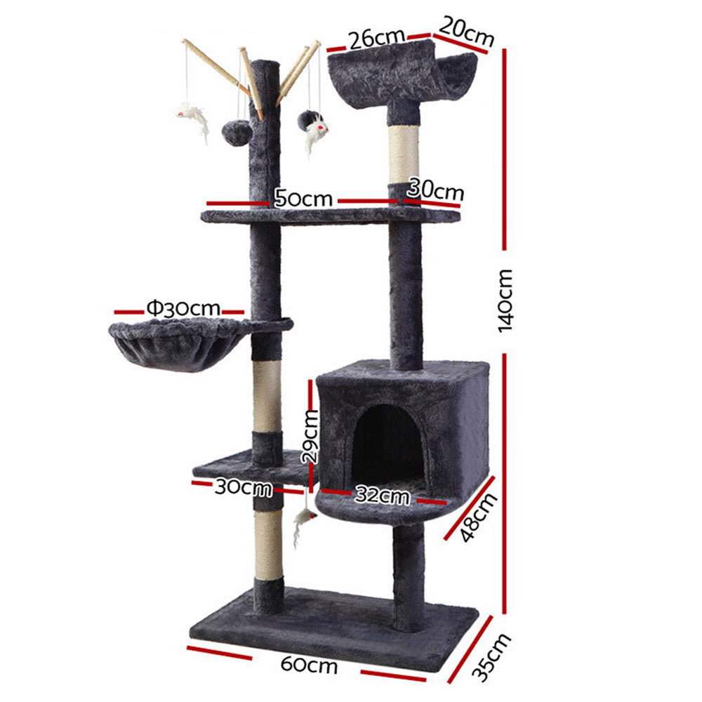 Cat Scratching Posts: i.Pet Cat Tree 140cm Tower Scratching Post Scratcher Trees Toys Condo Bed Grey